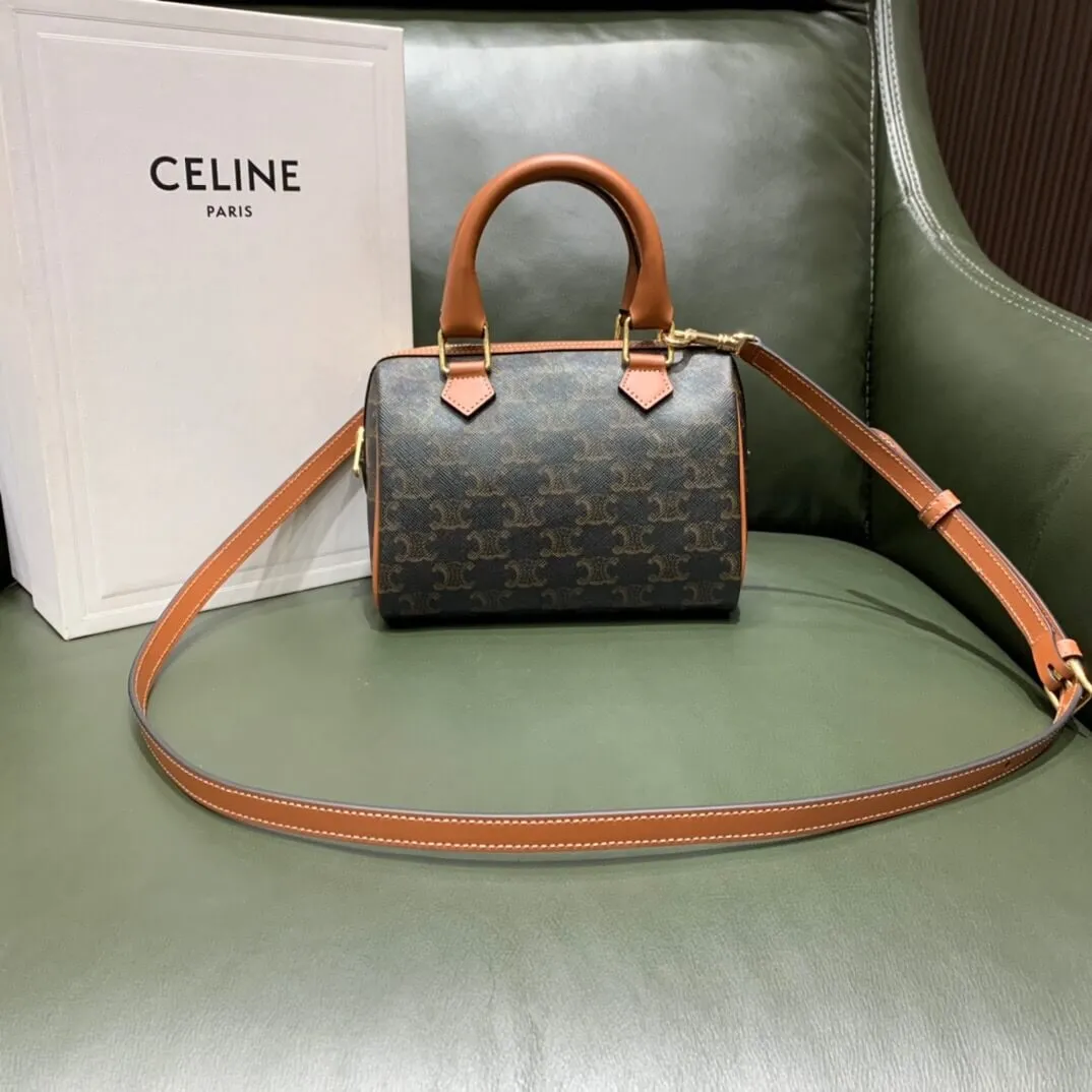 CELINE SMALL BOSTON IN TRIOMPHE CANVAS AND CALFSKIN TAN 197582CAS.04LU_1 CELINE SMALL BOSTON IN TRIOMPHE CANVAS AND CALFSKIN TAN 197582CAS.04LU 1