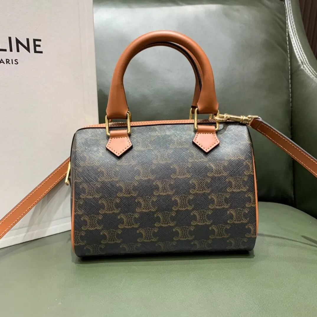 CELINE SMALL BOSTON IN TRIOMPHE CANVAS AND CALFSKIN TAN 197582CAS.04LU_2 CELINE SMALL BOSTON IN TRIOMPHE CANVAS AND CALFSKIN TAN 197582CAS.04LU 2