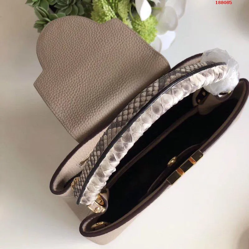 LOUIS VUITTON CAPUCINES BB HANDBAG PYTHON HANDLE TAURILLON LEATHER GRAY N92041_4 LOUIS VUITTON CAPUCINES BB HANDBAG PYTHON HANDLE TAURILLON LEATHER GRAY N92041 4