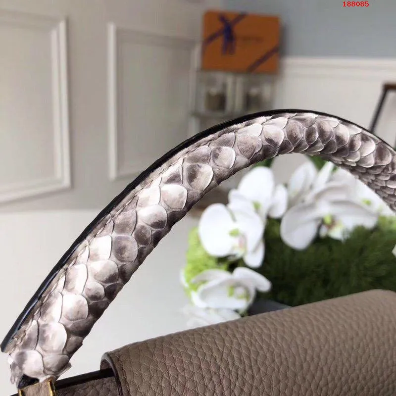 LOUIS VUITTON CAPUCINES BB HANDBAG PYTHON HANDLE TAURILLON LEATHER GRAY N92041_8 LOUIS VUITTON CAPUCINES BB HANDBAG PYTHON HANDLE TAURILLON LEATHER GRAY N92041 8