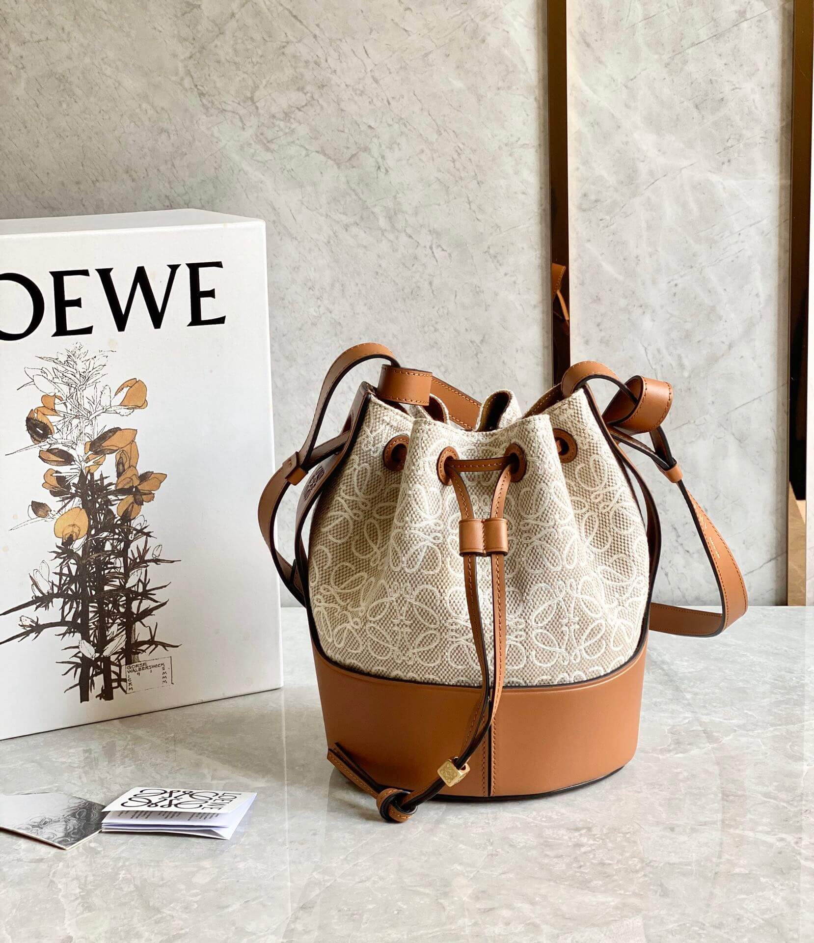 LOEWE-SMALL-BALLOON-BAG-IN-ANAGRAM-JACQUARD-AND-CALFSKIN-ECRU-TAN-A710C31X41-01 LOEWE SMALL BALLOON BAG IN ANAGRAM JACQUARD AND CALFSKIN ECRU TAN A710C31X41 01