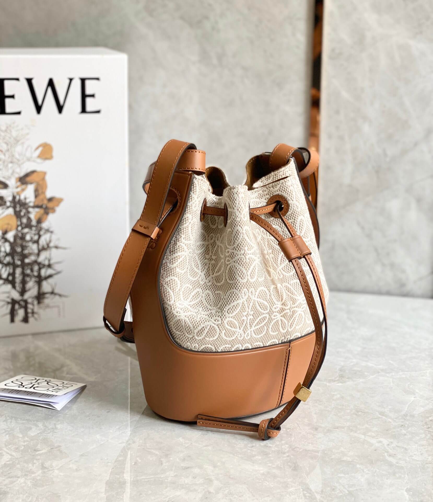 LOEWE-SMALL-BALLOON-BAG-IN-ANAGRAM-JACQUARD-AND-CALFSKIN-ECRU-TAN-A710C31X41-02 LOEWE SMALL BALLOON BAG IN ANAGRAM JACQUARD AND CALFSKIN ECRU TAN A710C31X41 02
