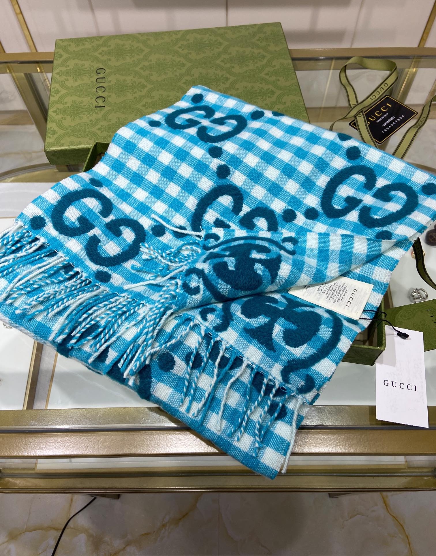 GUCCI-GG-JACQUARD-WOOL-SCARF-TURQUOISE-AND-IVORY-644365-3GA69-4678-01 GUCCI GG JACQUARD WOOL SCARF TURQUOISE AND IVORY 644365 3GA69 4678 01