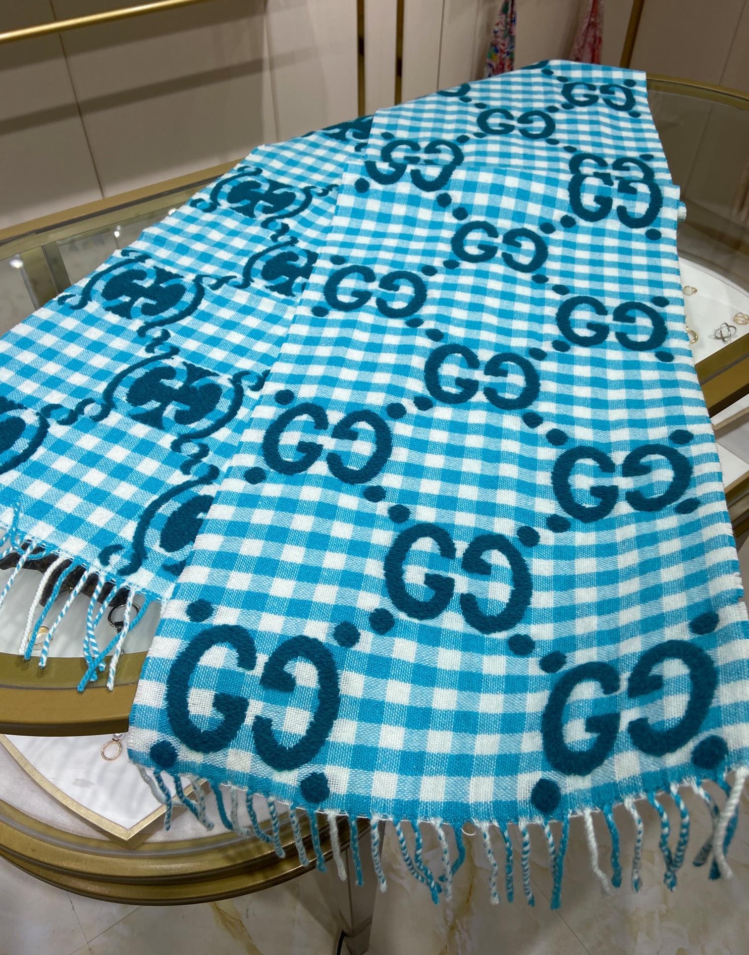 GUCCI-GG-JACQUARD-WOOL-SCARF-TURQUOISE-AND-IVORY-644365-3GA69-4678-02 GUCCI GG JACQUARD WOOL SCARF TURQUOISE AND IVORY 644365 3GA69 4678 02