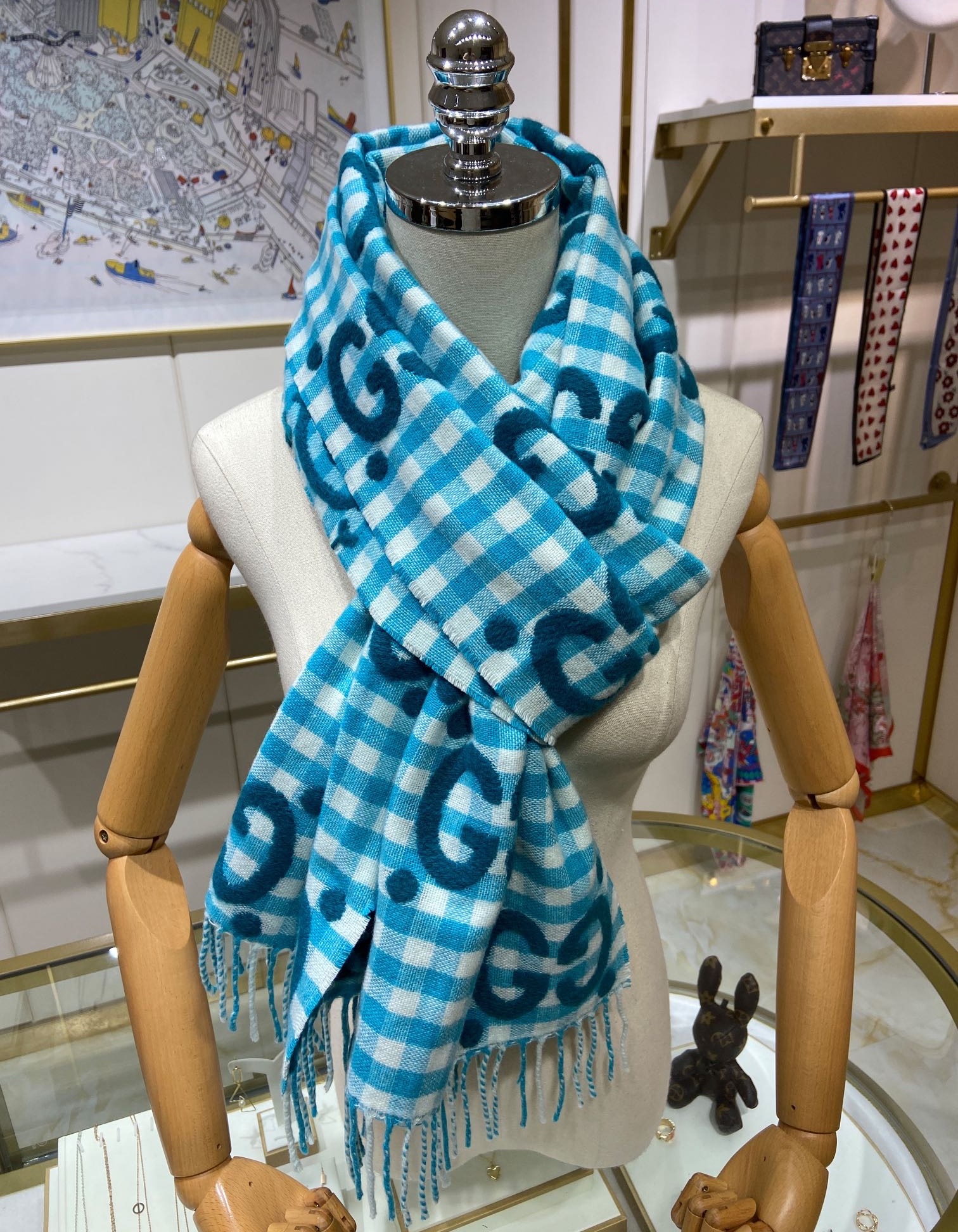 GUCCI-GG-JACQUARD-WOOL-SCARF-TURQUOISE-AND-IVORY-644365-3GA69-4678-03 GUCCI GG JACQUARD WOOL SCARF TURQUOISE AND IVORY 644365 3GA69 4678 03