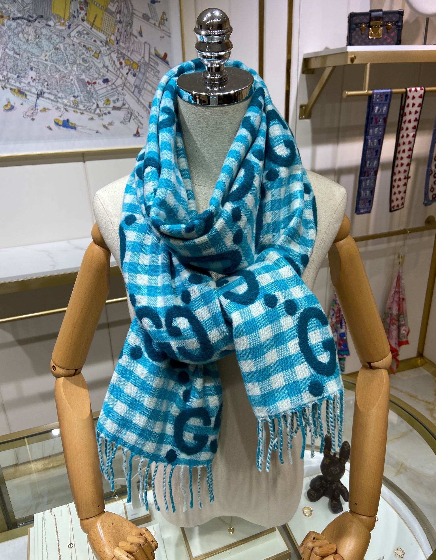 GUCCI-GG-JACQUARD-WOOL-SCARF-TURQUOISE-AND-IVORY-644365-3GA69-4678-04 GUCCI GG JACQUARD WOOL SCARF TURQUOISE AND IVORY 644365 3GA69 4678 04