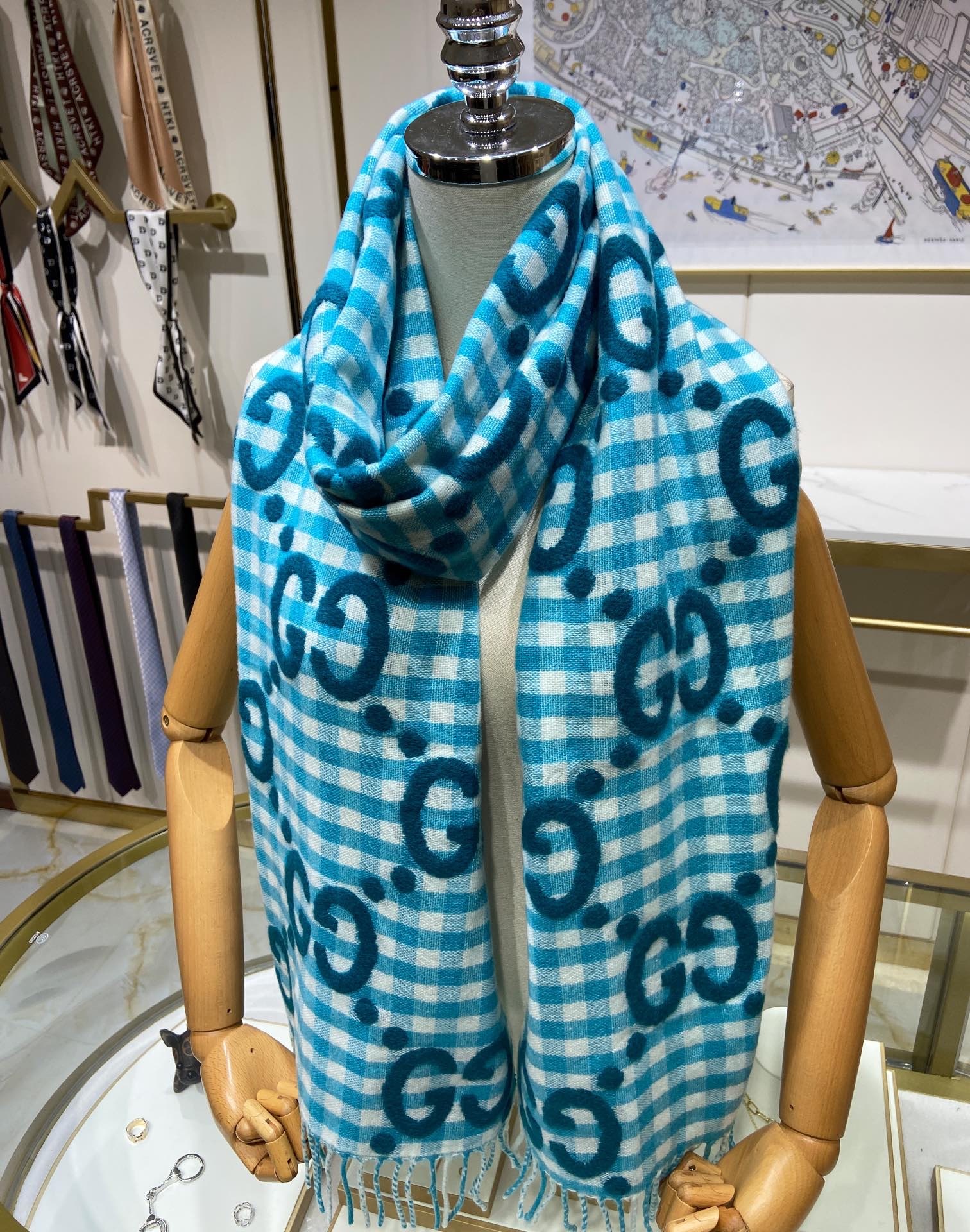 GUCCI-GG-JACQUARD-WOOL-SCARF-TURQUOISE-AND-IVORY-644365-3GA69-4678-05 GUCCI GG JACQUARD WOOL SCARF TURQUOISE AND IVORY 644365 3GA69 4678 05