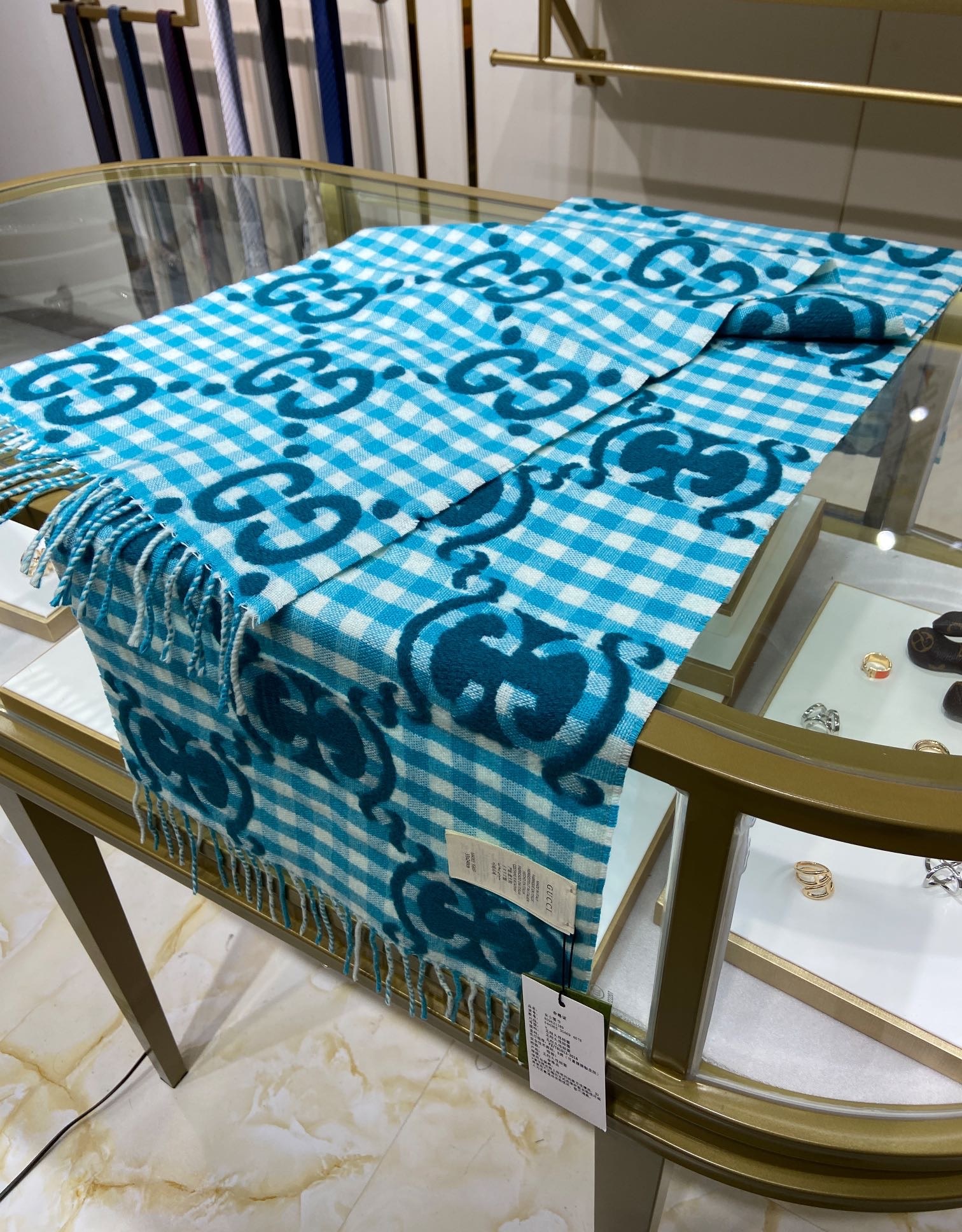 GUCCI-GG-JACQUARD-WOOL-SCARF-TURQUOISE-AND-IVORY-644365-3GA69-4678-06 GUCCI GG JACQUARD WOOL SCARF TURQUOISE AND IVORY 644365 3GA69 4678 06