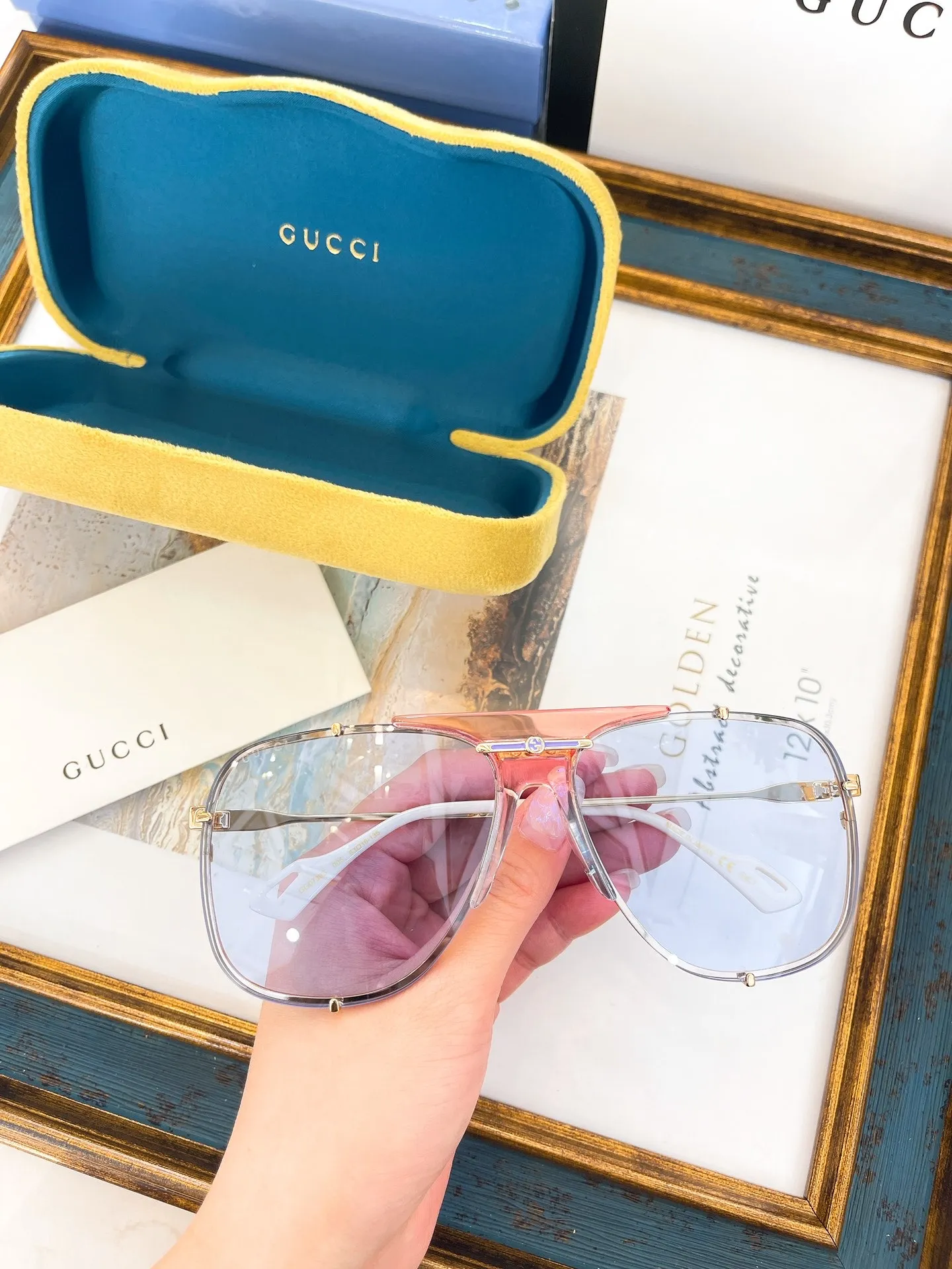 GUCCI-GOLD-FRAME-BLUE-LENS-SUNGLASSES-GG0739S-005-01 GUCCI GOLD FRAME BLUE LENS SUNGLASSES GG0739S 005 01