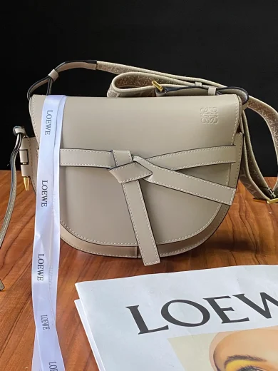 LOEWE SMALL GATE BAG IN SOFT CALFSKIN AND JACQUARD SAND 0010643401 01