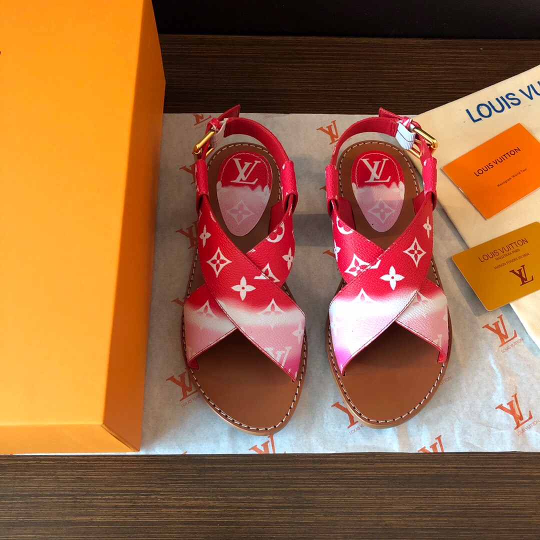 LOUIS-VUITTON-LV-ESCALE-PALMA-FLAT-SANDAL-RED-1A7TPM-01 LOUIS VUITTON LV ESCALE PALMA FLAT SANDAL RED 1A7TPM 01