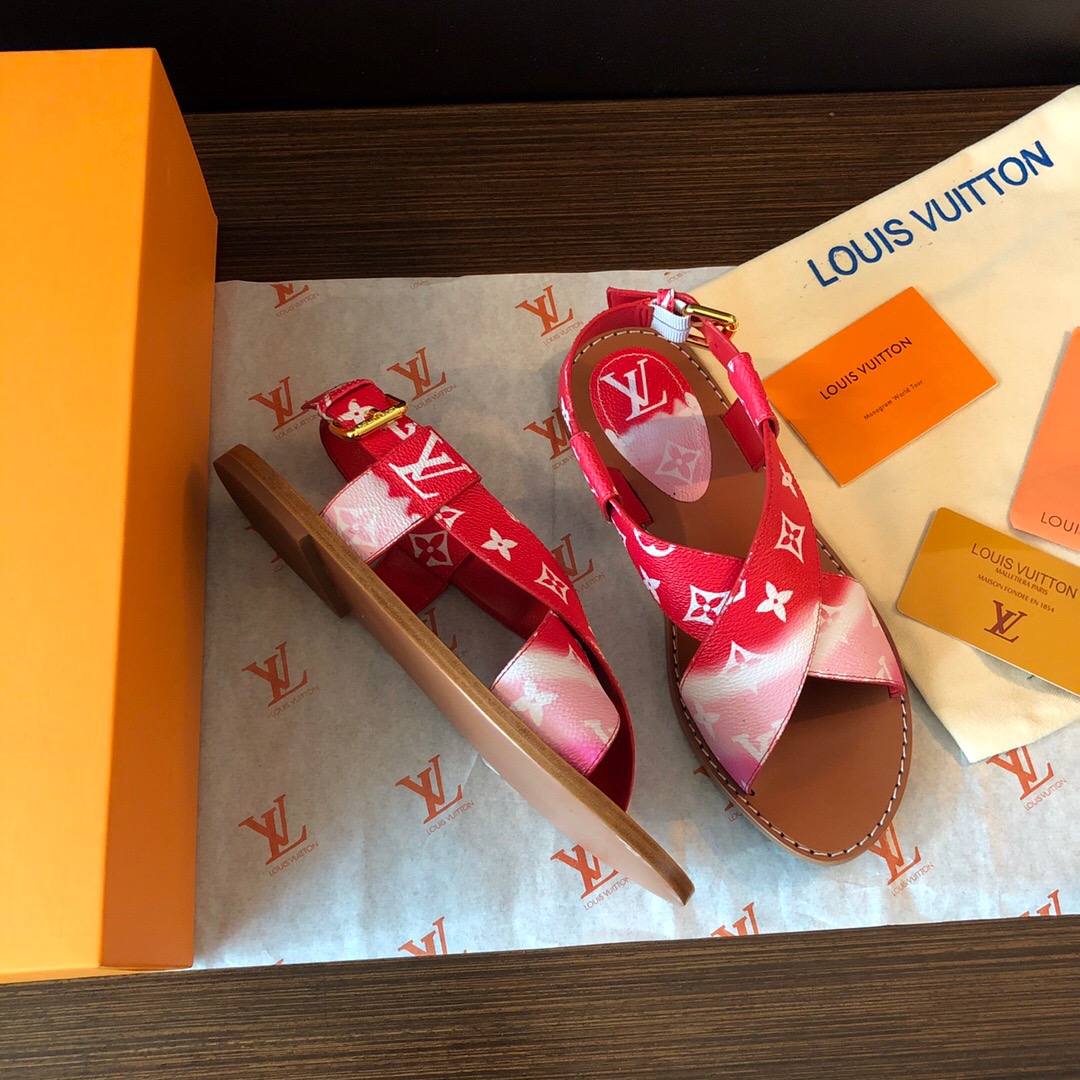 LOUIS-VUITTON-LV-ESCALE-PALMA-FLAT-SANDAL-RED-1A7TPM-06 LOUIS VUITTON LV ESCALE PALMA FLAT SANDAL RED 1A7TPM 06