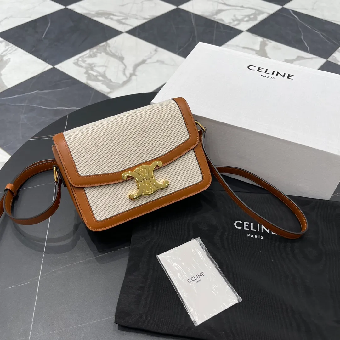 CELINE-TEEN-TRIOMPHE-BAG-IN-TEXTILE-AND-NATURAL-CALFSKIN-TAN-WHITE-188882BGI.04LV_1 CELINE TEEN TRIOMPHE BAG IN TEXTILE AND NATURAL CALFSKIN TAN WHITE 188882BGI.04LV 1