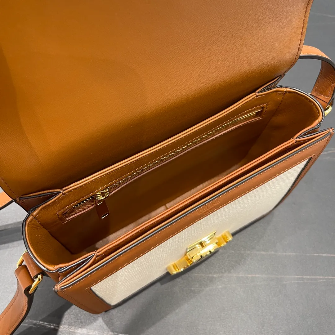 CELINE-TEEN-TRIOMPHE-BAG-IN-TEXTILE-AND-NATURAL-CALFSKIN-TAN-WHITE-188882BGI.04LV_6 CELINE TEEN TRIOMPHE BAG IN TEXTILE AND NATURAL CALFSKIN TAN WHITE 188882BGI.04LV 6