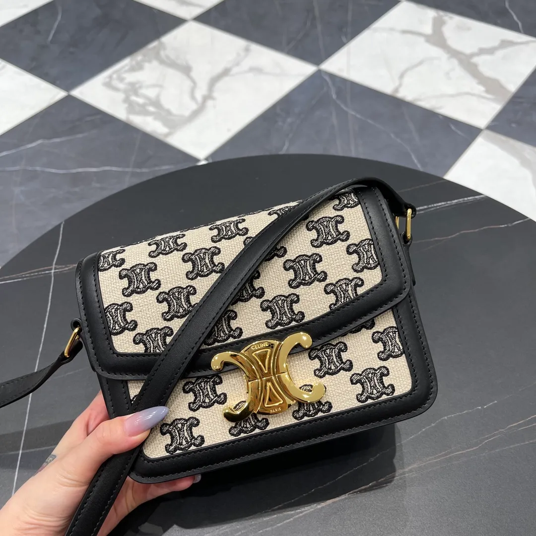 CELINE-TEEN-TRIOMPHE-BAG-IN-TEXTILE-TRIOMPHE-EMBROIDERY-AND-CALFSKIN-BLACK-188882DBA.38NO_2 CELINE TEEN TRIOMPHE BAG IN TEXTILE TRIOMPHE EMBROIDERY AND CALFSKIN BLACK 188882DBA.38NO 2