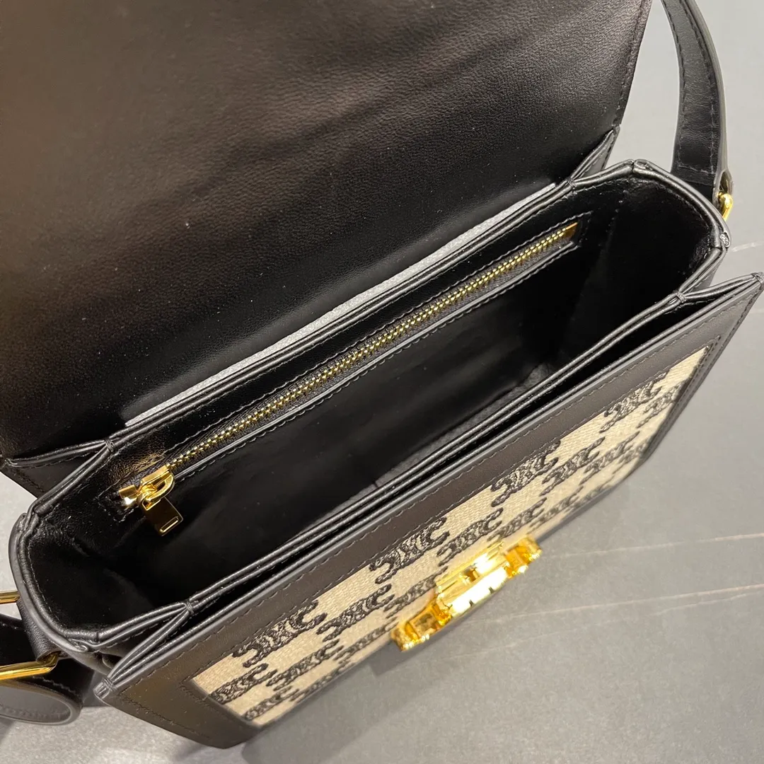 CELINE-TEEN-TRIOMPHE-BAG-IN-TEXTILE-TRIOMPHE-EMBROIDERY-AND-CALFSKIN-BLACK-188882DBA.38NO_6 CELINE TEEN TRIOMPHE BAG IN TEXTILE TRIOMPHE EMBROIDERY AND CALFSKIN BLACK 188882DBA.38NO 6