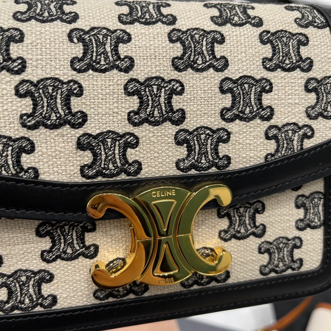 CELINE-TEEN-TRIOMPHE-BAG-IN-TEXTILE-TRIOMPHE-EMBROIDERY-AND-CALFSKIN-BLACK-188882DBA.38NO_7 CELINE TEEN TRIOMPHE BAG IN TEXTILE TRIOMPHE EMBROIDERY AND CALFSKIN BLACK 188882DBA.38NO 7