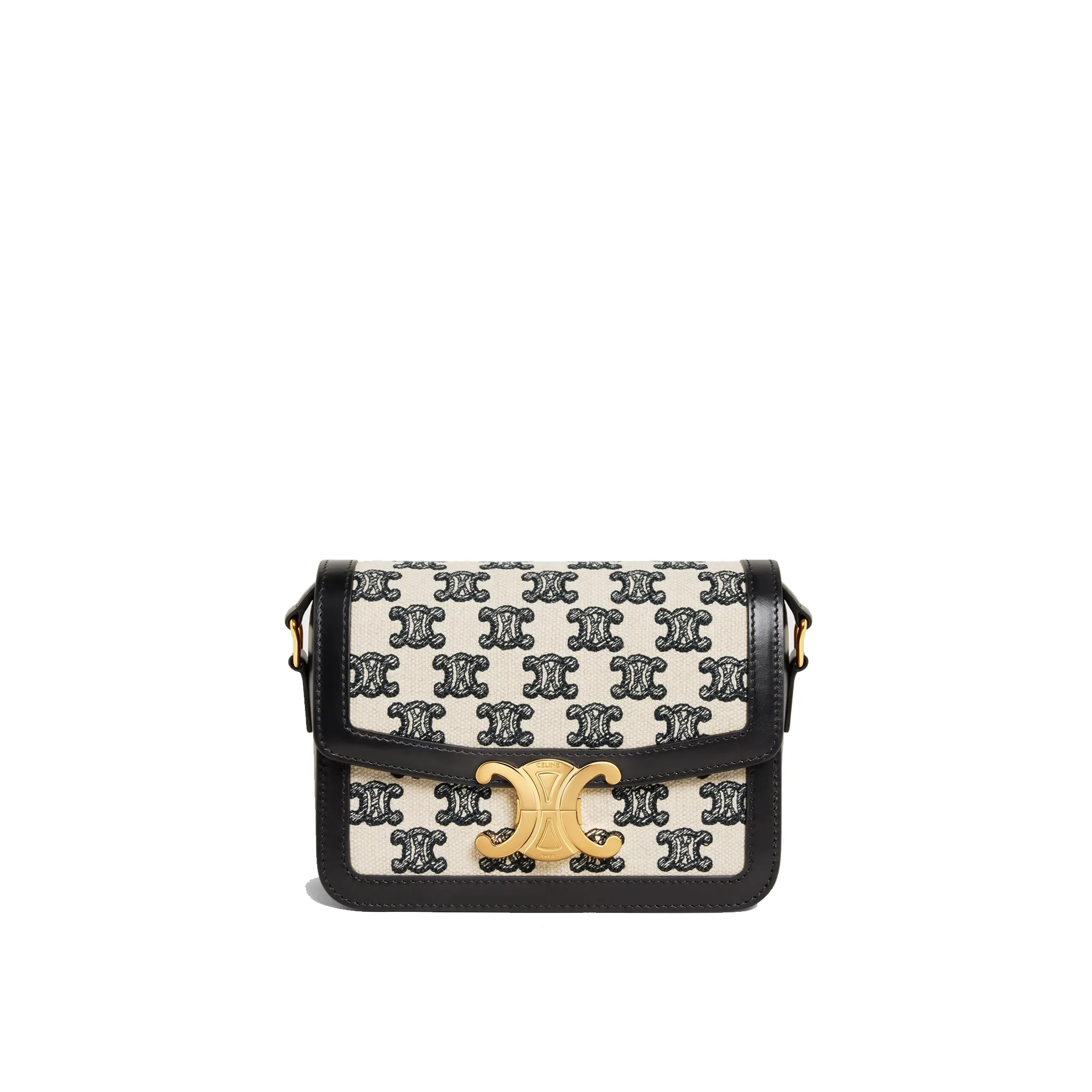 CELINE-TEEN-TRIOMPHE-BAG-IN-TEXTILE-WITH-TRIOMPHE-EMBROIDERY-AND-CALFSKIN-BLACK-188882DBA.38NO CELINE TEEN TRIOMPHE BAG IN TEXTILE WITH TRIOMPHE EMBROIDERY AND CALFSKIN BLACK 188882DBA.38NO