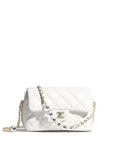 CHANEL FLAP BAG LAMBSKIN IMITATION PEARLS GOLDTONE METAL WHITE AS1533 B02300 10601