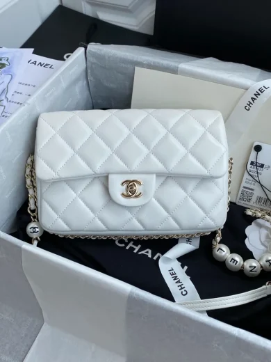 CHANEL FLAP BAG LAMBSKIN IMITATION PEARLS GOLDTONE METAL WHITE AS1533 B02300 10601 1