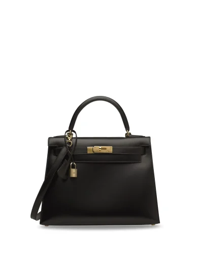 HERMES KELLY 28 CALF BOX LEATHER SELLIER GOLD HARDWARE BLACK