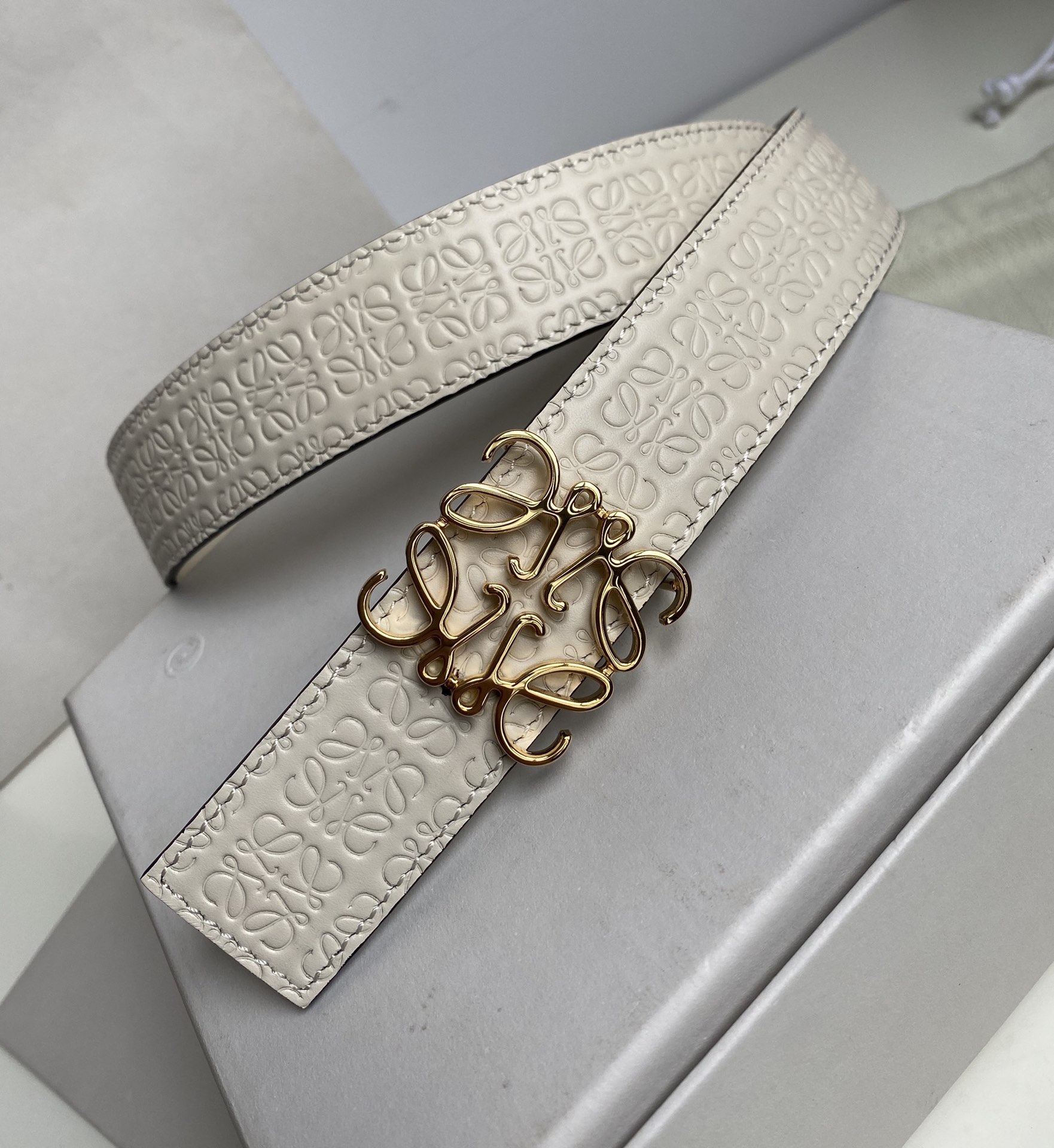 LOEWE-ANAGRAM-BELT-IN-SILK-CALFSKIN-LIGHT-OAT-GOLD-E619Z26X02-3971_3 LOEWE ANAGRAM BELT IN SILK CALFSKIN LIGHT OAT GOLD E619Z26X02 3971 3