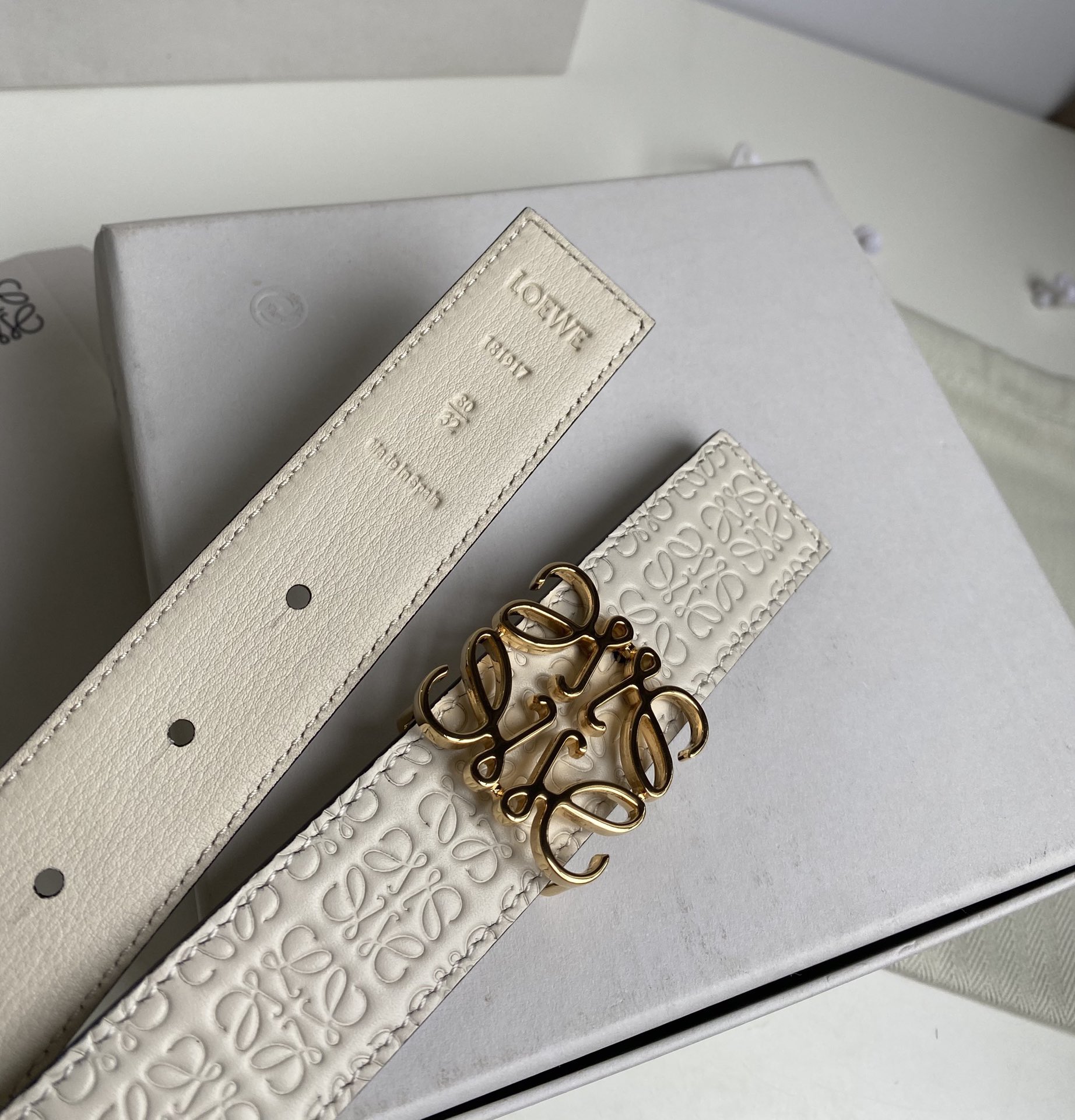 LOEWE-ANAGRAM-BELT-IN-SILK-CALFSKIN-LIGHT-OAT-GOLD-E619Z26X02-3971_4 LOEWE ANAGRAM BELT IN SILK CALFSKIN LIGHT OAT GOLD E619Z26X02 3971 4