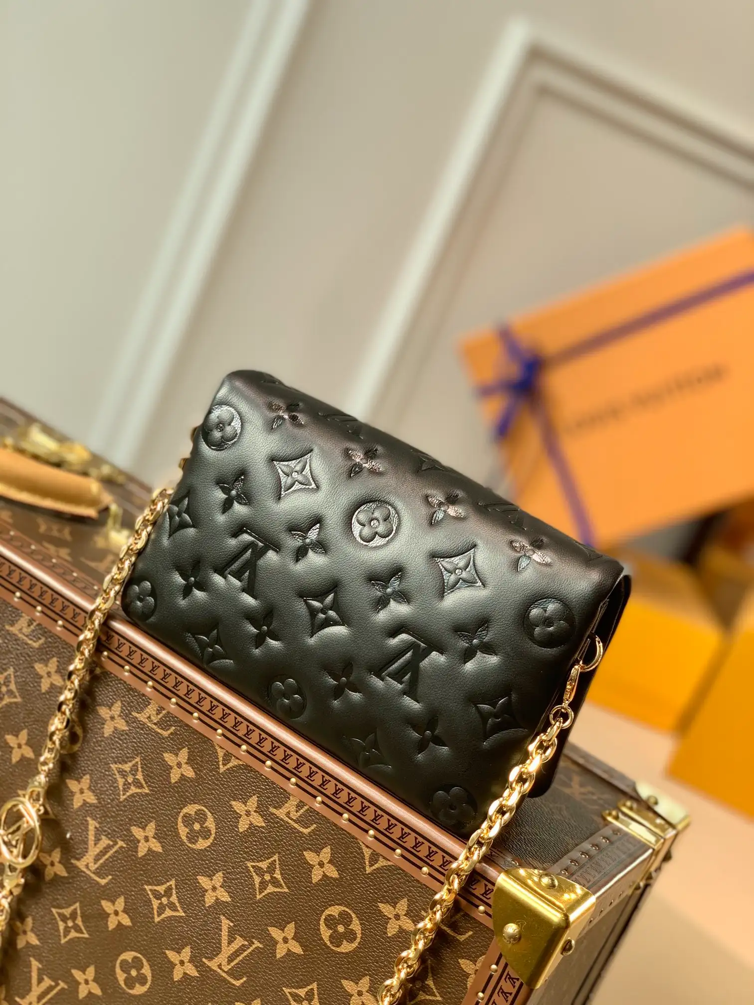LOUIS VUITTON POCHETTE COUSSIN HANDBAG MONOGRAM-EMBOSSED LAMBSKIN BLACK M80742_02 LOUIS VUITTON POCHETTE COUSSIN HANDBAG MONOGRAM EMBOSSED LAMBSKIN BLACK M80742 02