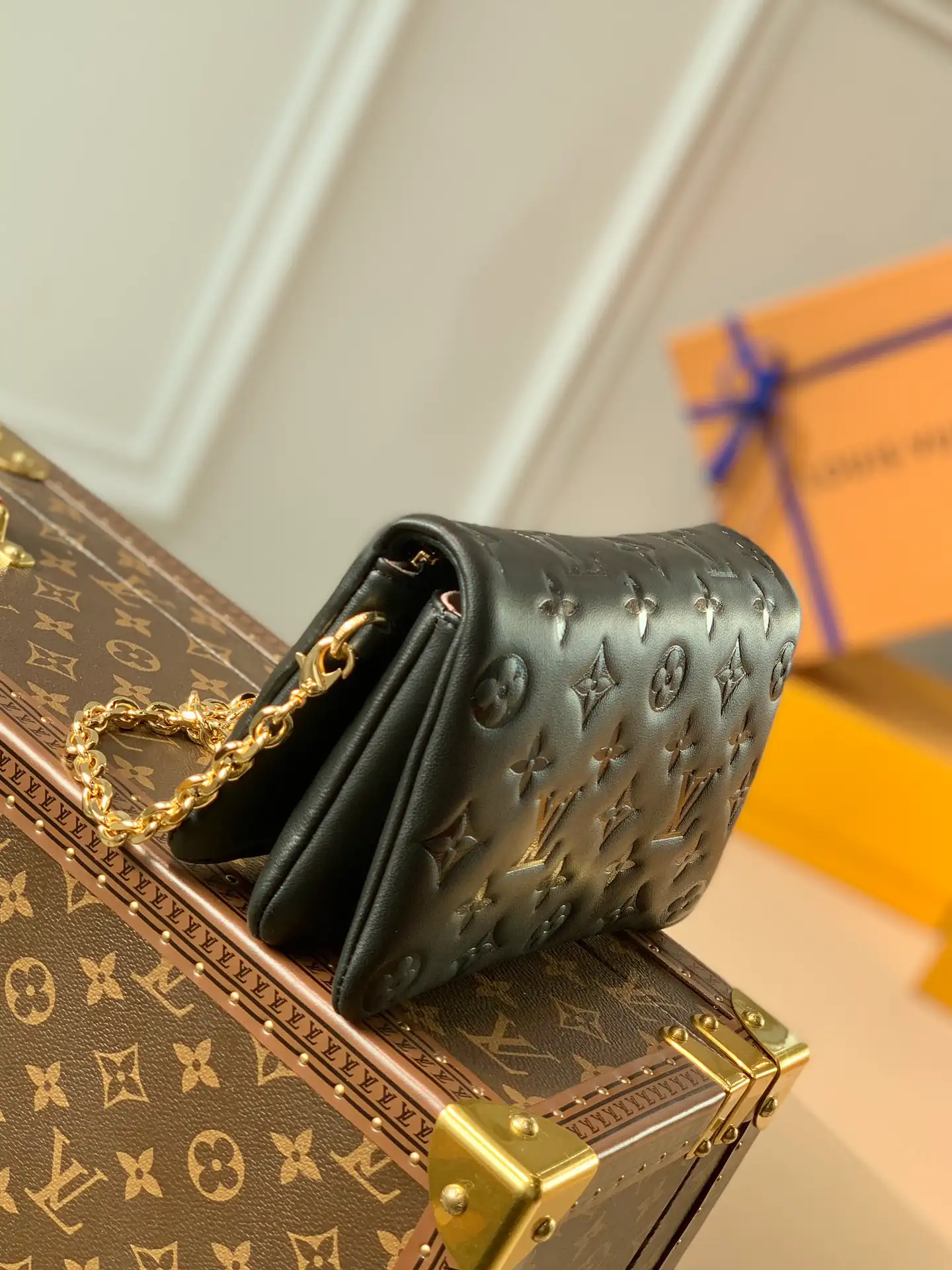 LOUIS VUITTON POCHETTE COUSSIN HANDBAG MONOGRAM-EMBOSSED LAMBSKIN BLACK M80742_03 LOUIS VUITTON POCHETTE COUSSIN HANDBAG MONOGRAM EMBOSSED LAMBSKIN BLACK M80742 03
