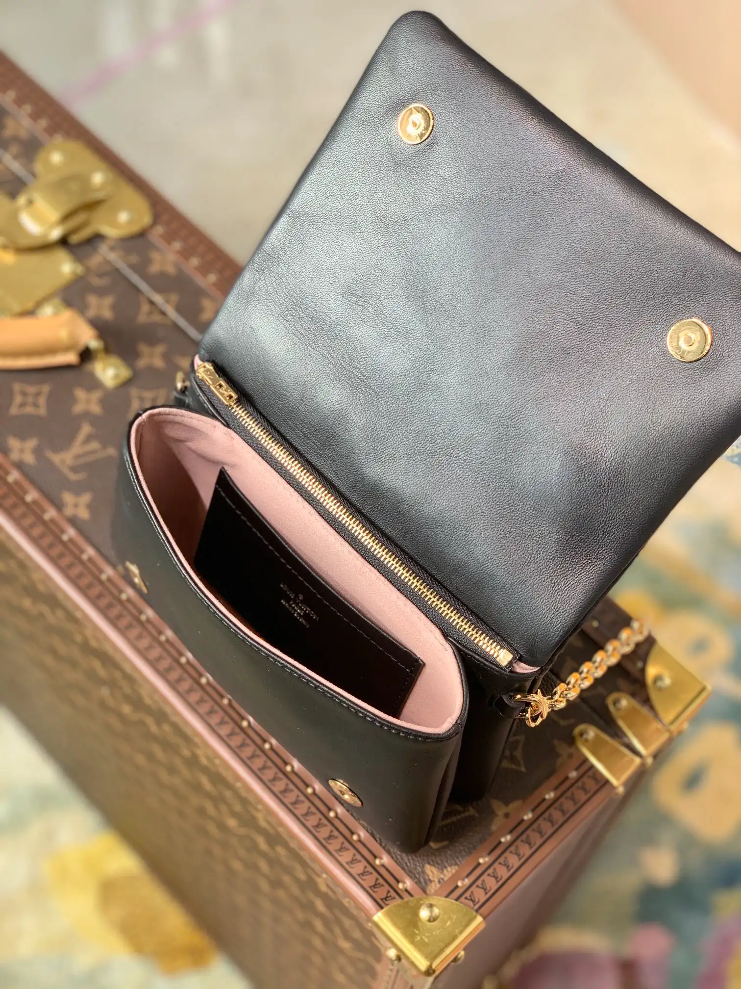 LOUIS VUITTON POCHETTE COUSSIN HANDBAG MONOGRAM-EMBOSSED LAMBSKIN BLACK M80742_05 LOUIS VUITTON POCHETTE COUSSIN HANDBAG MONOGRAM EMBOSSED LAMBSKIN BLACK M80742 05