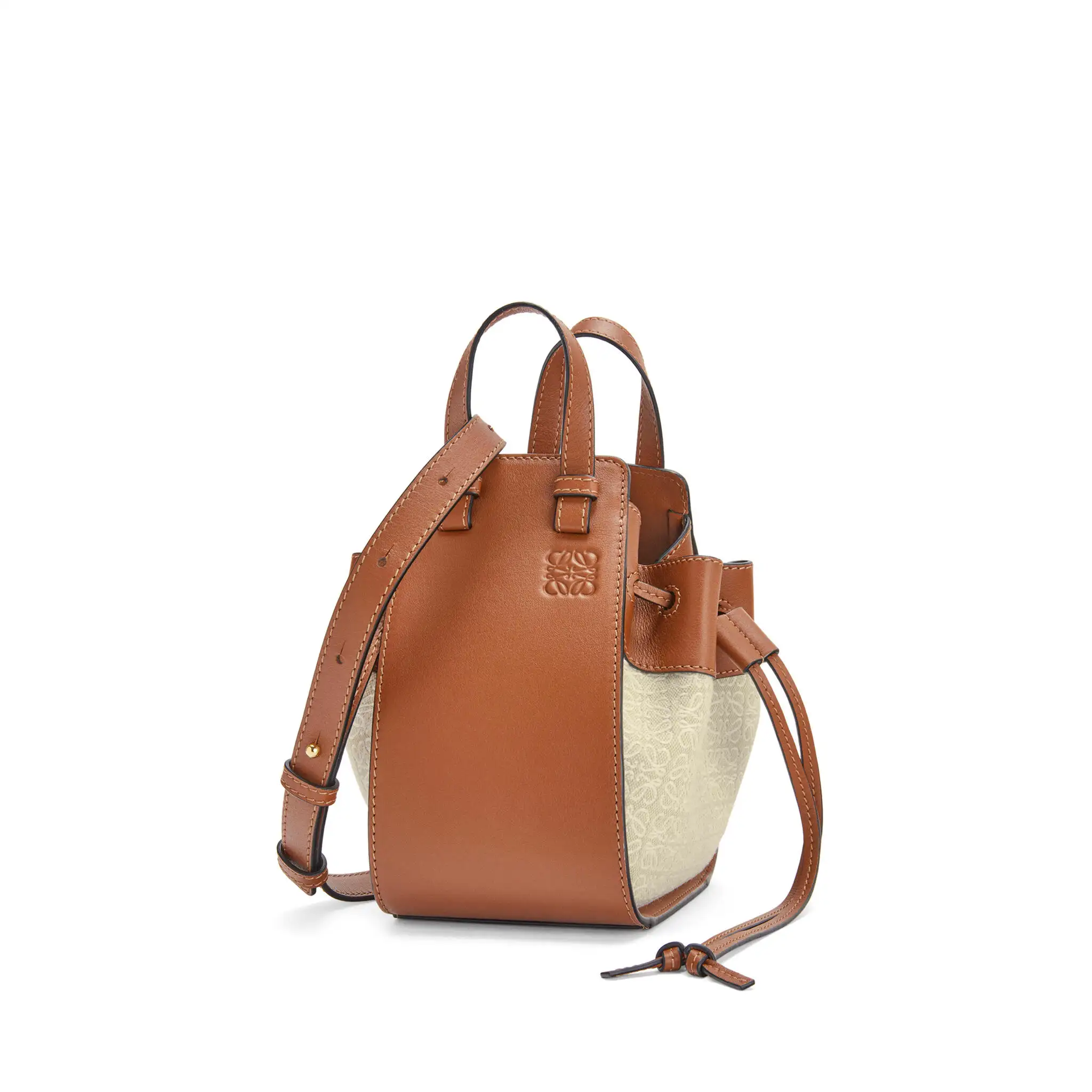 LOEWE-MINI-HAMMOCK-DRAWSTRING-BAG-ANAGRAM-JACQUARD-CALFSKIN-TAN-A538V07X11-2426 LOEWE MINI HAMMOCK DRAWSTRING BAG ANAGRAM JACQUARD CALFSKIN TAN A538V07X11 2426