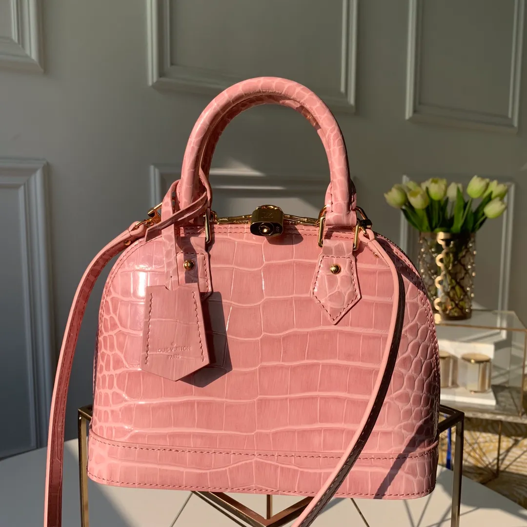 LOUIS VUITTON ALMA BB HANDBAG BRILLIANT ALLIGATOR LEATHER ROSE PINK N94271_1 LOUIS VUITTON ALMA BB HANDBAG BRILLIANT ALLIGATOR LEATHER ROSE PINK N94271 1