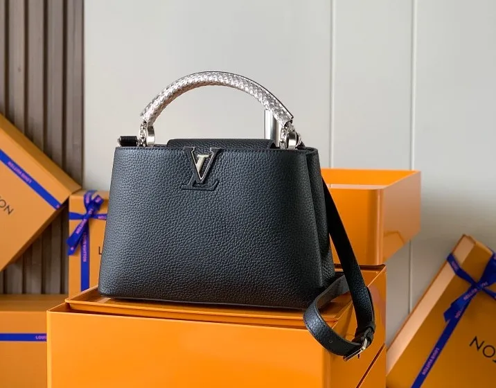 LOUIS VUITTON CAPUCINES BB HANDBAG PYTHON HANDLE TAURILLON LEATHER BLACK N92040_010 LOUIS VUITTON CAPUCINES BB HANDBAG PYTHON HANDLE TAURILLON LEATHER BLACK N92040 010