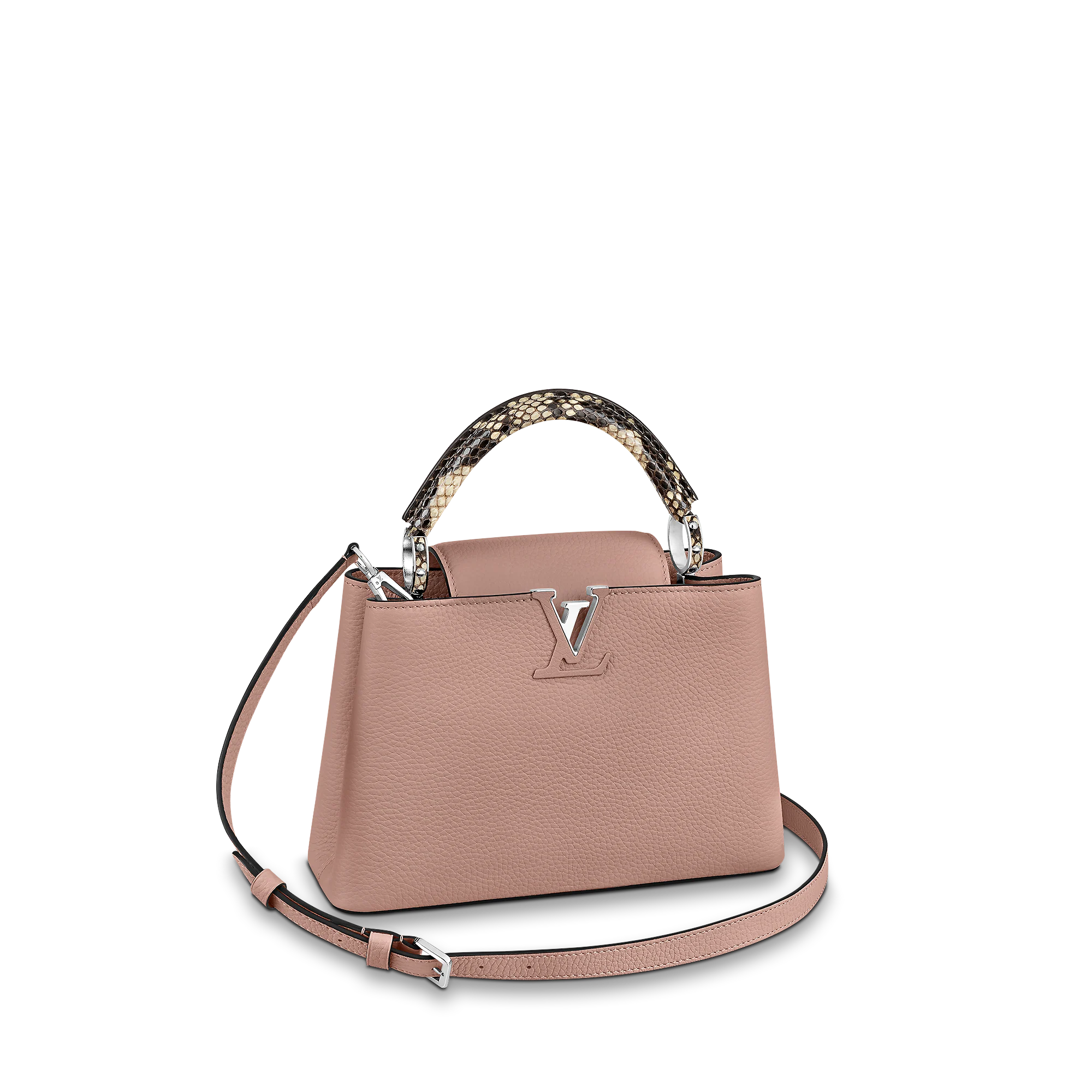 LOUIS VUITTON CAPUCINES BB HANDBAG PYTHON HANDLE TAURILLON LEATHER PINK N92042 LOUIS VUITTON CAPUCINES BB HANDBAG PYTHON HANDLE TAURILLON LEATHER PINK N92042