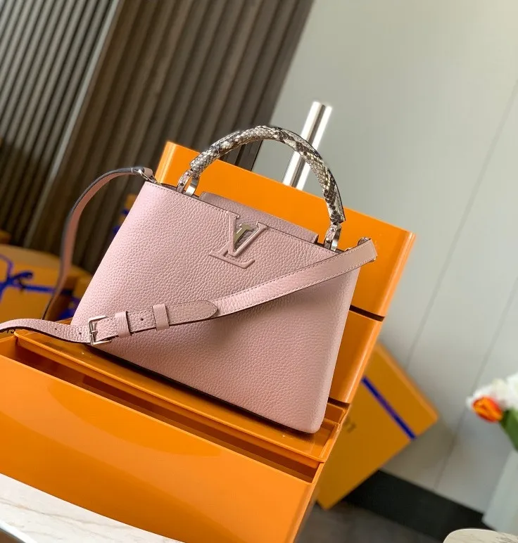 LOUIS VUITTON CAPUCINES BB HANDBAG PYTHON HANDLE TAURILLON LEATHER PINK N92042_10 LOUIS VUITTON CAPUCINES BB HANDBAG PYTHON HANDLE TAURILLON LEATHER PINK N92042 10