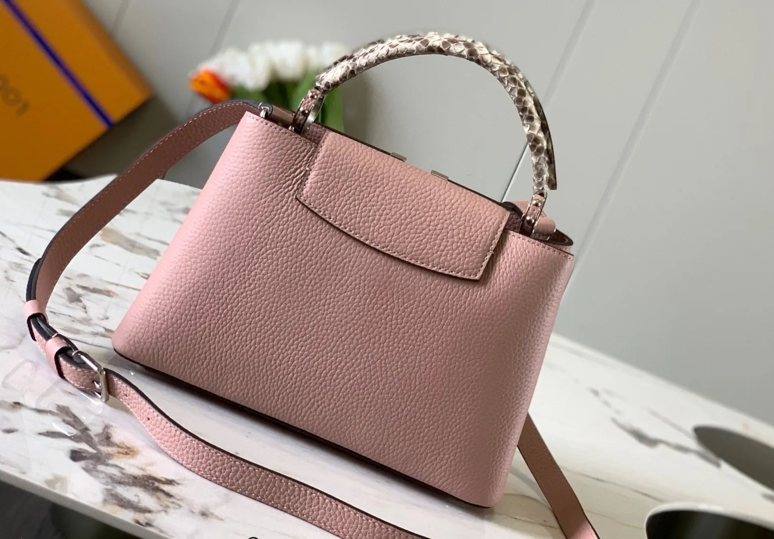 LOUIS VUITTON CAPUCINES BB HANDBAG PYTHON HANDLE TAURILLON LEATHER PINK N92042_3 LOUIS VUITTON CAPUCINES BB HANDBAG PYTHON HANDLE TAURILLON LEATHER PINK N92042 3