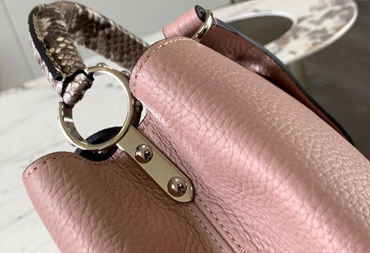 LOUIS VUITTON CAPUCINES BB HANDBAG PYTHON HANDLE TAURILLON LEATHER PINK N92042_6 LOUIS VUITTON CAPUCINES BB HANDBAG PYTHON HANDLE TAURILLON LEATHER PINK N92042 6