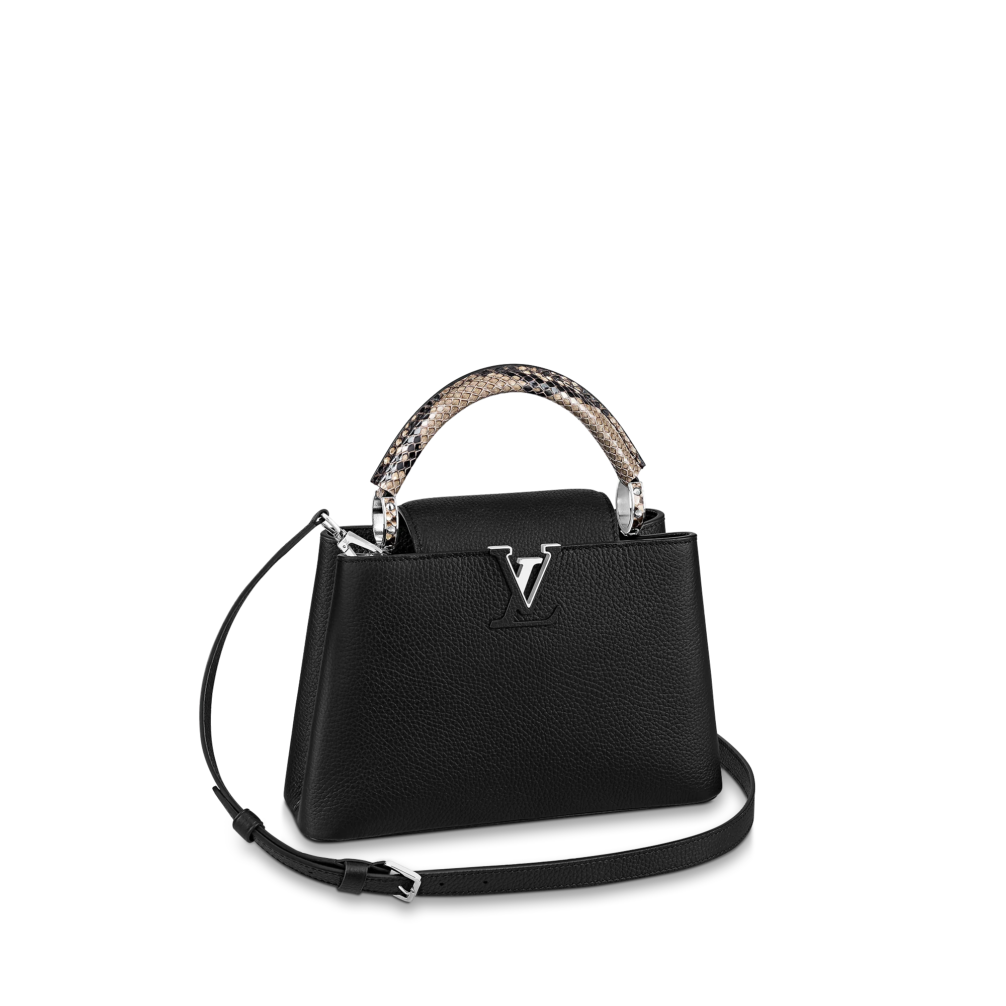 LOUIS VUITTON CAPUCINES BB HANDBAG PYTHON SKIN HANDLE TAURILLON LEATHER BLACK N92040 LOUIS VUITTON CAPUCINES BB HANDBAG PYTHON SKIN HANDLE TAURILLON LEATHER BLACK N92040
