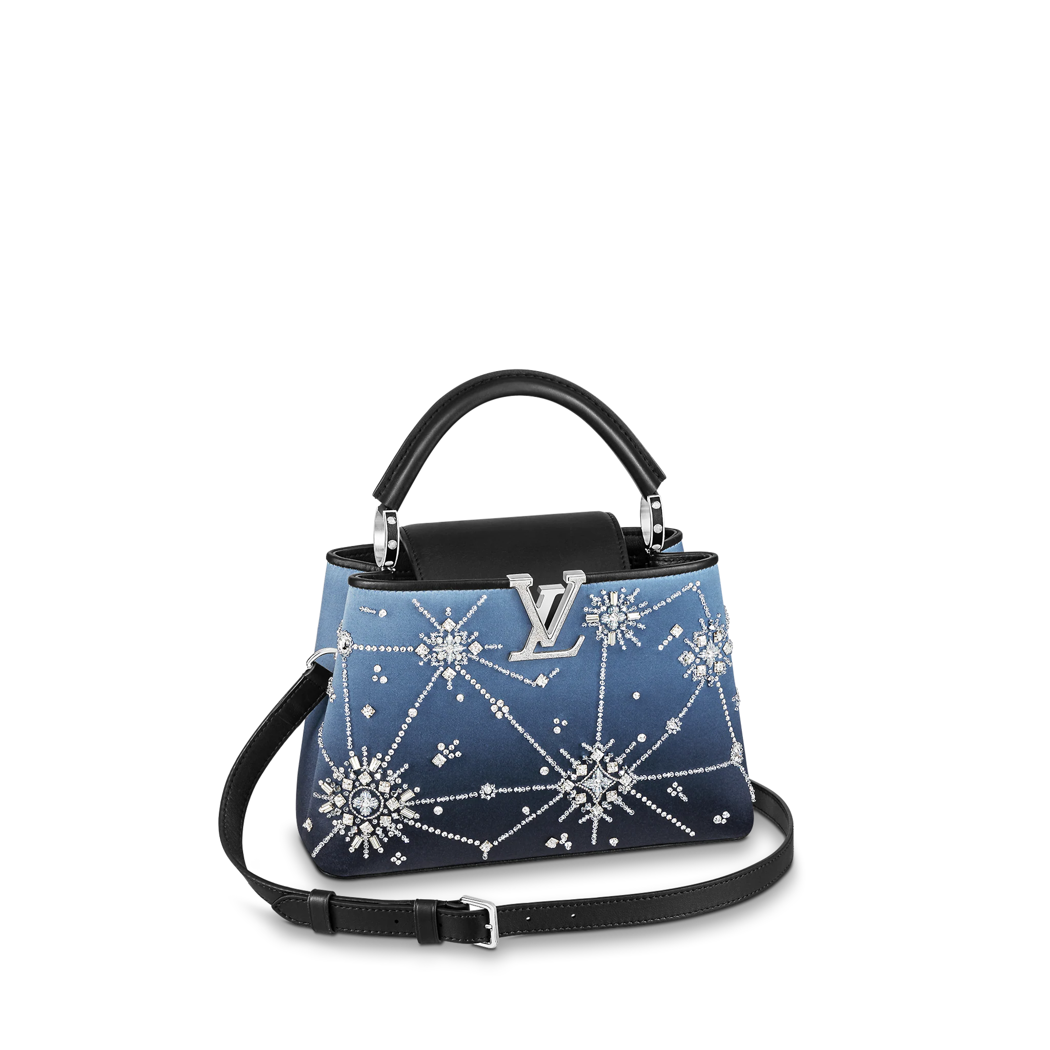 LOUIS VUITTON CAPUCINES BB STARDUST HANDBAG SILK SATIN BLUE M59186 LOUIS VUITTON CAPUCINES BB STARDUST HANDBAG SILK SATIN BLUE M59186