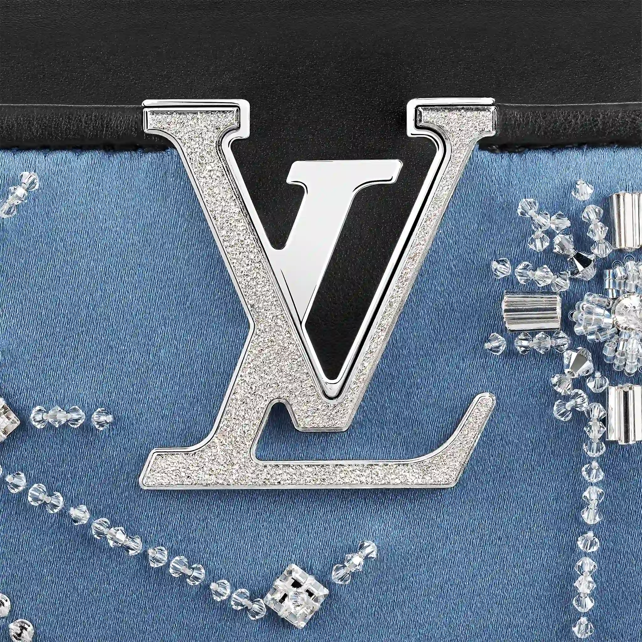 LOUIS VUITTON CAPUCINES BB STARDUST HANDBAG SILK SATIN BLUE M59186_5 (1) LOUIS VUITTON CAPUCINES BB STARDUST HANDBAG SILK SATIN BLUE M59186 5 1