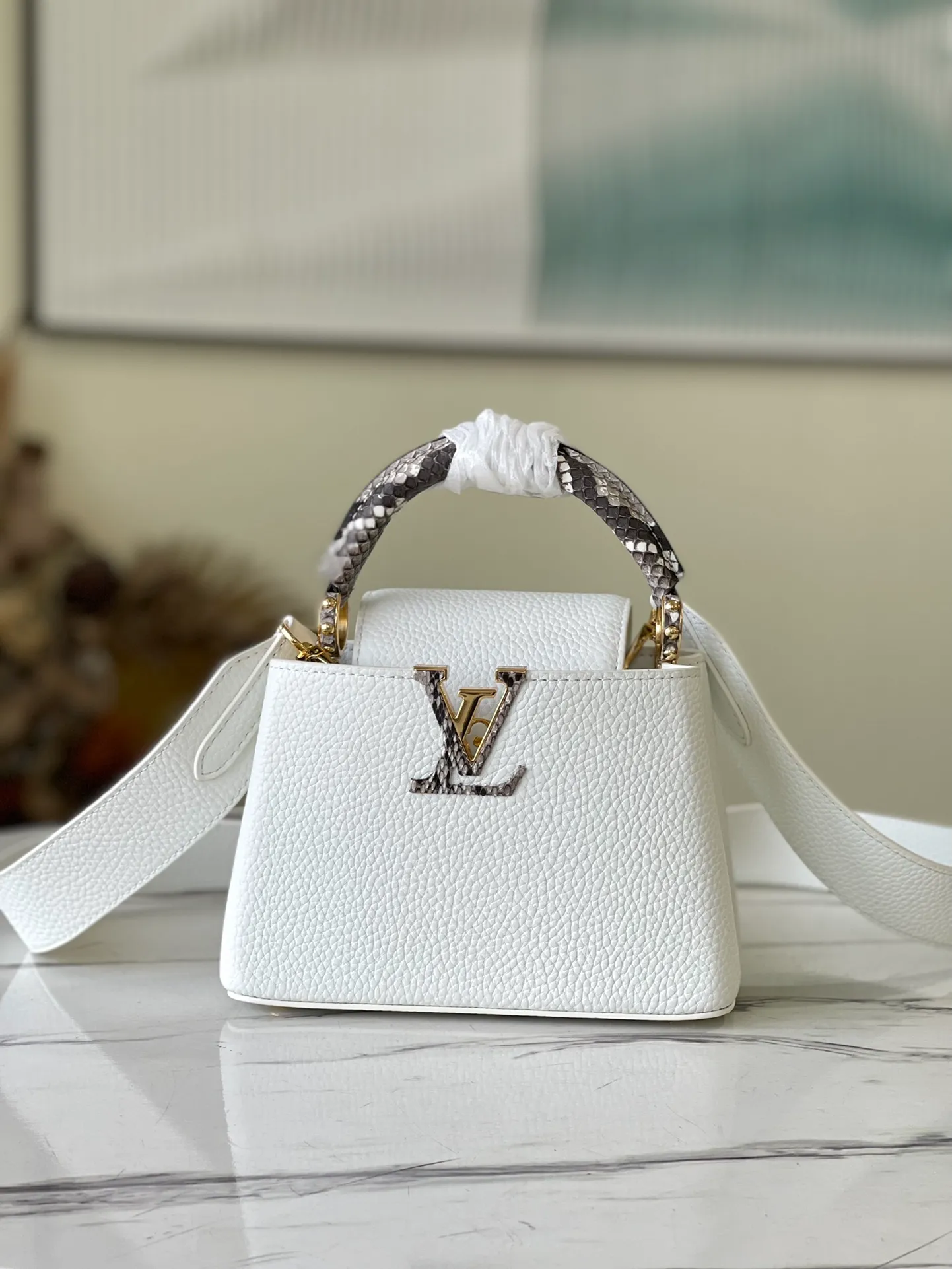 LOUIS VUITTON CAPUCINES MINI BAG PYTHON HANDLE TAURILLON LEATHER WHITE N98477_1 LOUIS VUITTON CAPUCINES MINI BAG PYTHON HANDLE TAURILLON LEATHER WHITE N98477 1