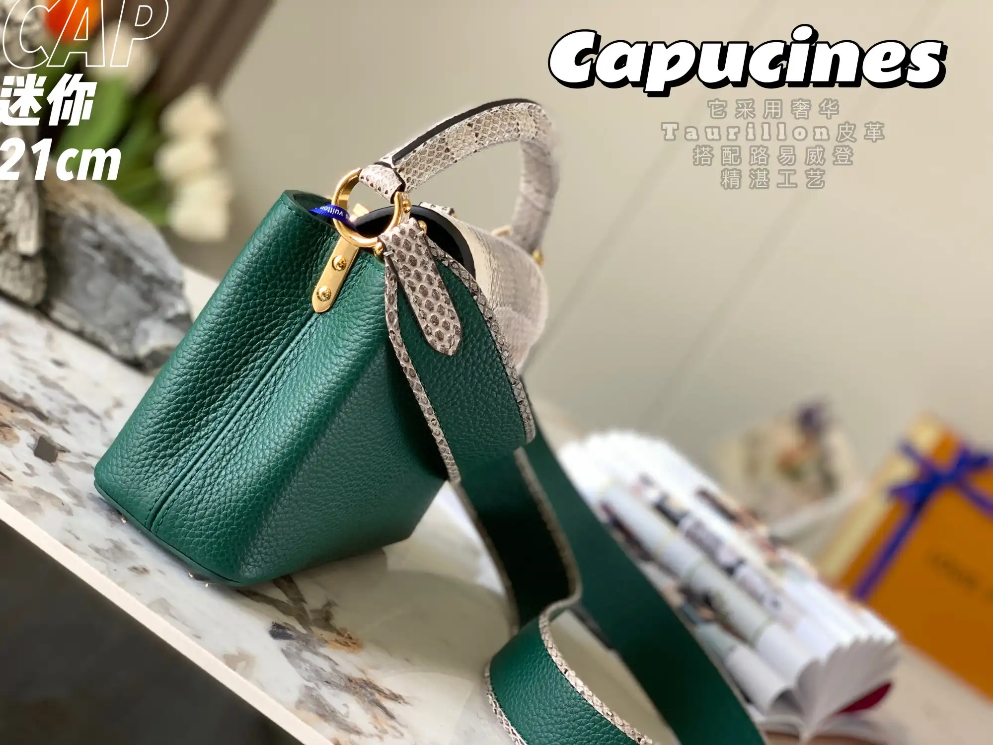 LOUIS VUITTON CAPUCINES MINI HANDBAG TAURILLON AND PYTHON LEATHER GREEN N80931_2 LOUIS VUITTON CAPUCINES MINI HANDBAG TAURILLON AND PYTHON LEATHER GREEN N80931 2