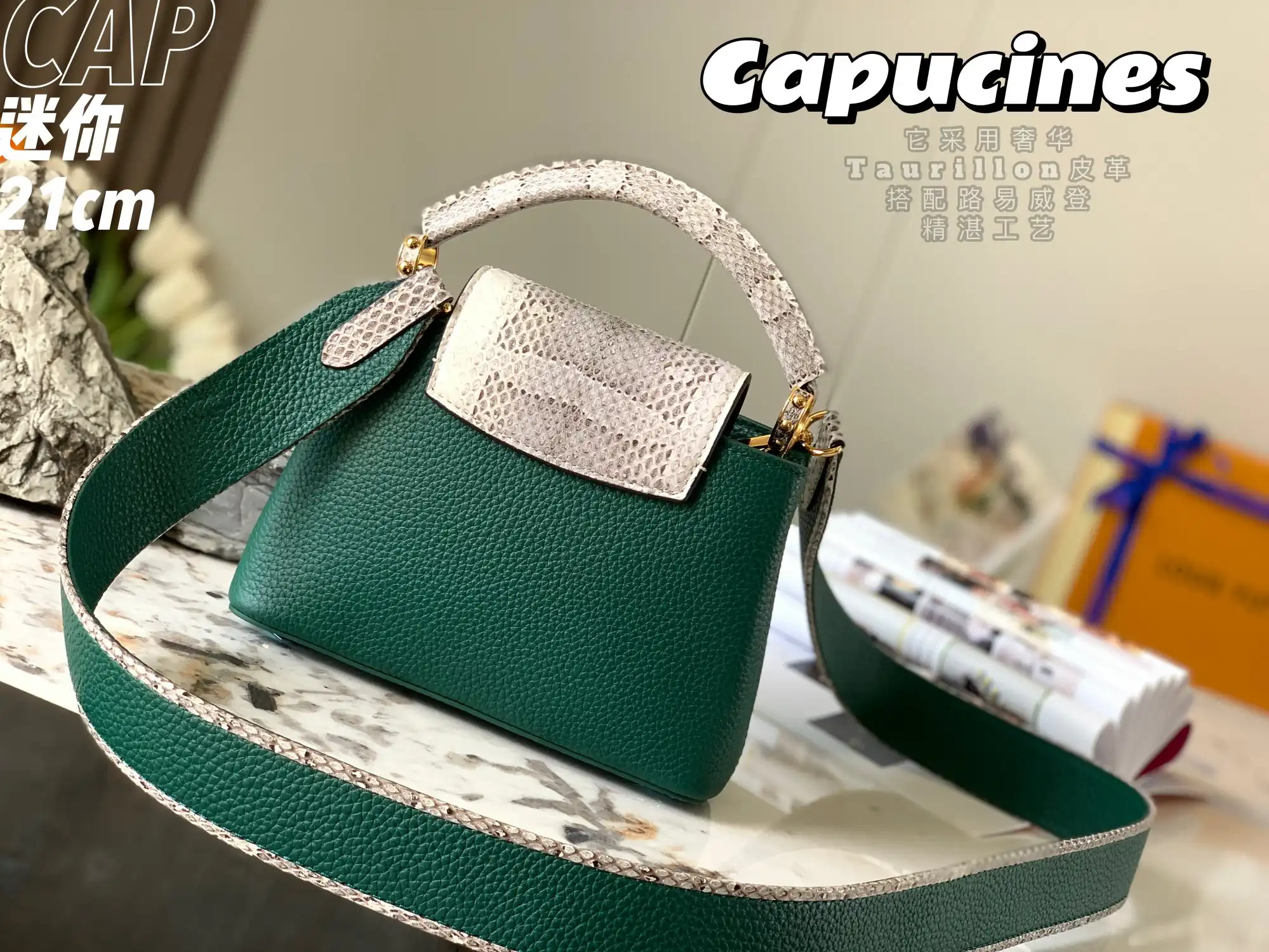 LOUIS VUITTON CAPUCINES MINI HANDBAG TAURILLON AND PYTHON LEATHER GREEN N80931_3 LOUIS VUITTON CAPUCINES MINI HANDBAG TAURILLON AND PYTHON LEATHER GREEN N80931 3