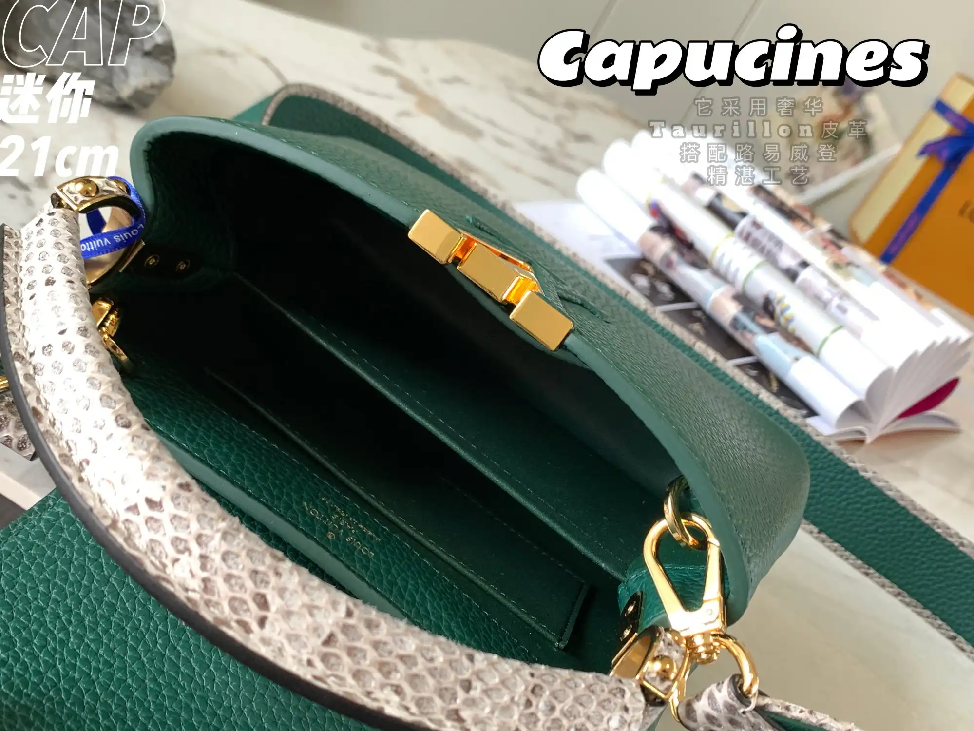 LOUIS VUITTON CAPUCINES MINI HANDBAG TAURILLON AND PYTHON LEATHER GREEN N80931_5 LOUIS VUITTON CAPUCINES MINI HANDBAG TAURILLON AND PYTHON LEATHER GREEN N80931 5