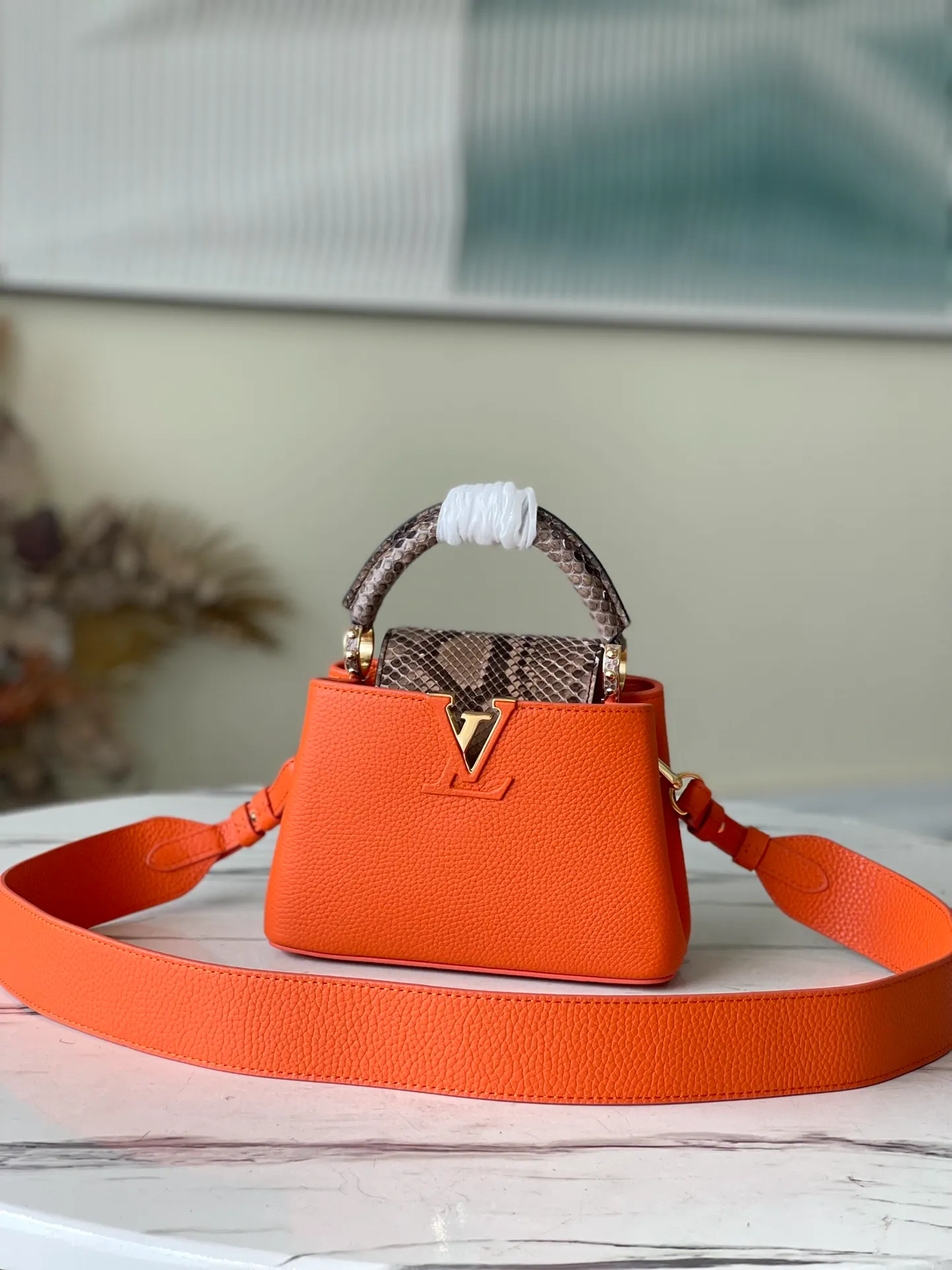 LOUIS VUITTON CAPUCINES MINI HANDBAG TAURILLON AND PYTHON LEATHER ORANGE N80007_1 LOUIS VUITTON CAPUCINES MINI HANDBAG TAURILLON AND PYTHON LEATHER ORANGE N80007 1