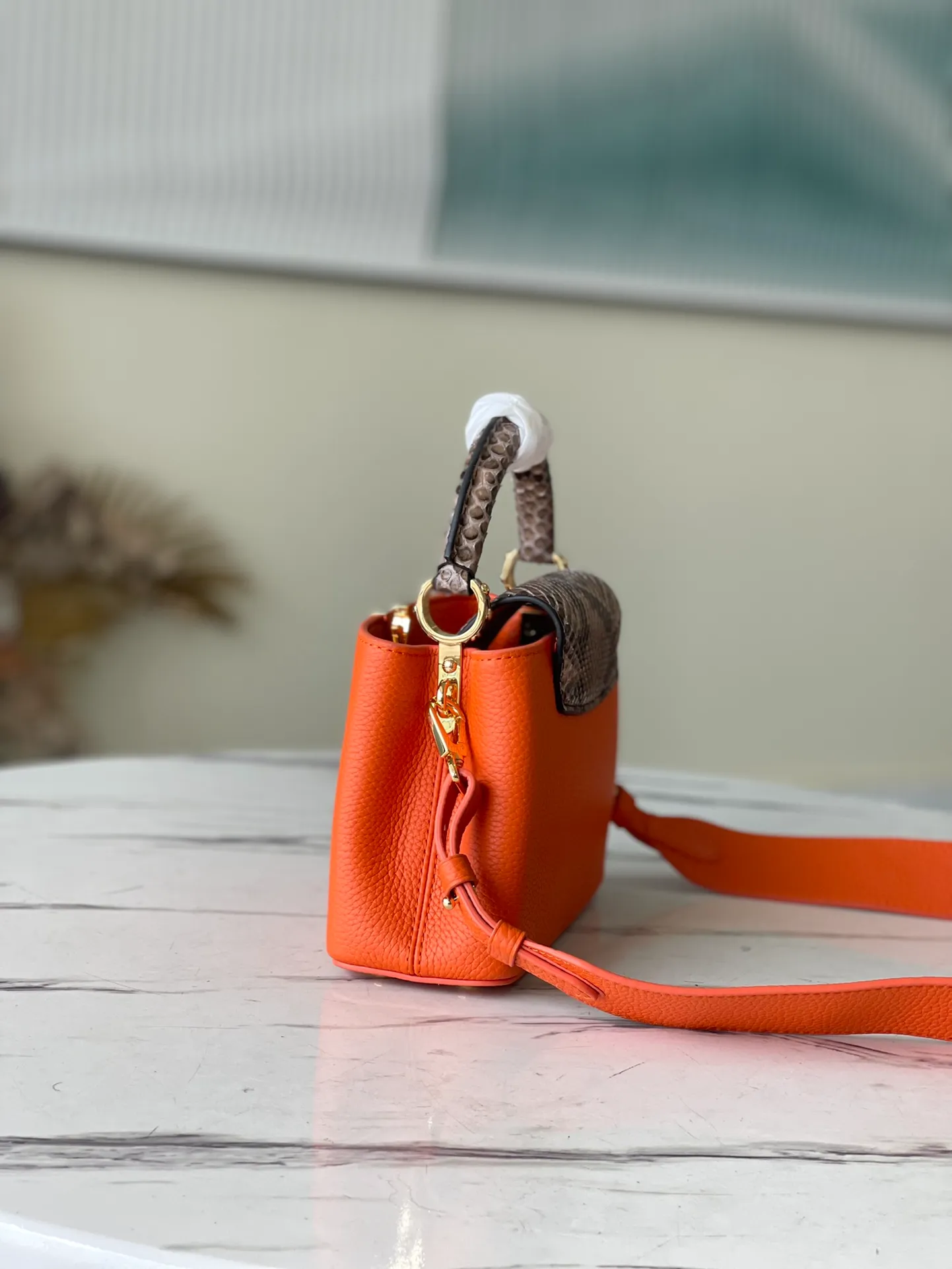 LOUIS VUITTON CAPUCINES MINI HANDBAG TAURILLON AND PYTHON LEATHER ORANGE N80007_2 LOUIS VUITTON CAPUCINES MINI HANDBAG TAURILLON AND PYTHON LEATHER ORANGE N80007 2