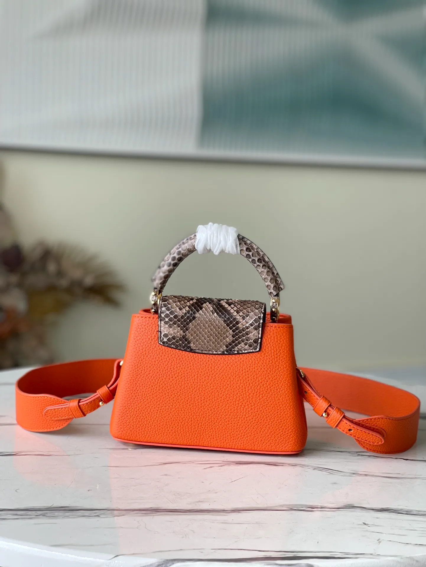 LOUIS VUITTON CAPUCINES MINI HANDBAG TAURILLON AND PYTHON LEATHER ORANGE N80007_3 LOUIS VUITTON CAPUCINES MINI HANDBAG TAURILLON AND PYTHON LEATHER ORANGE N80007 3