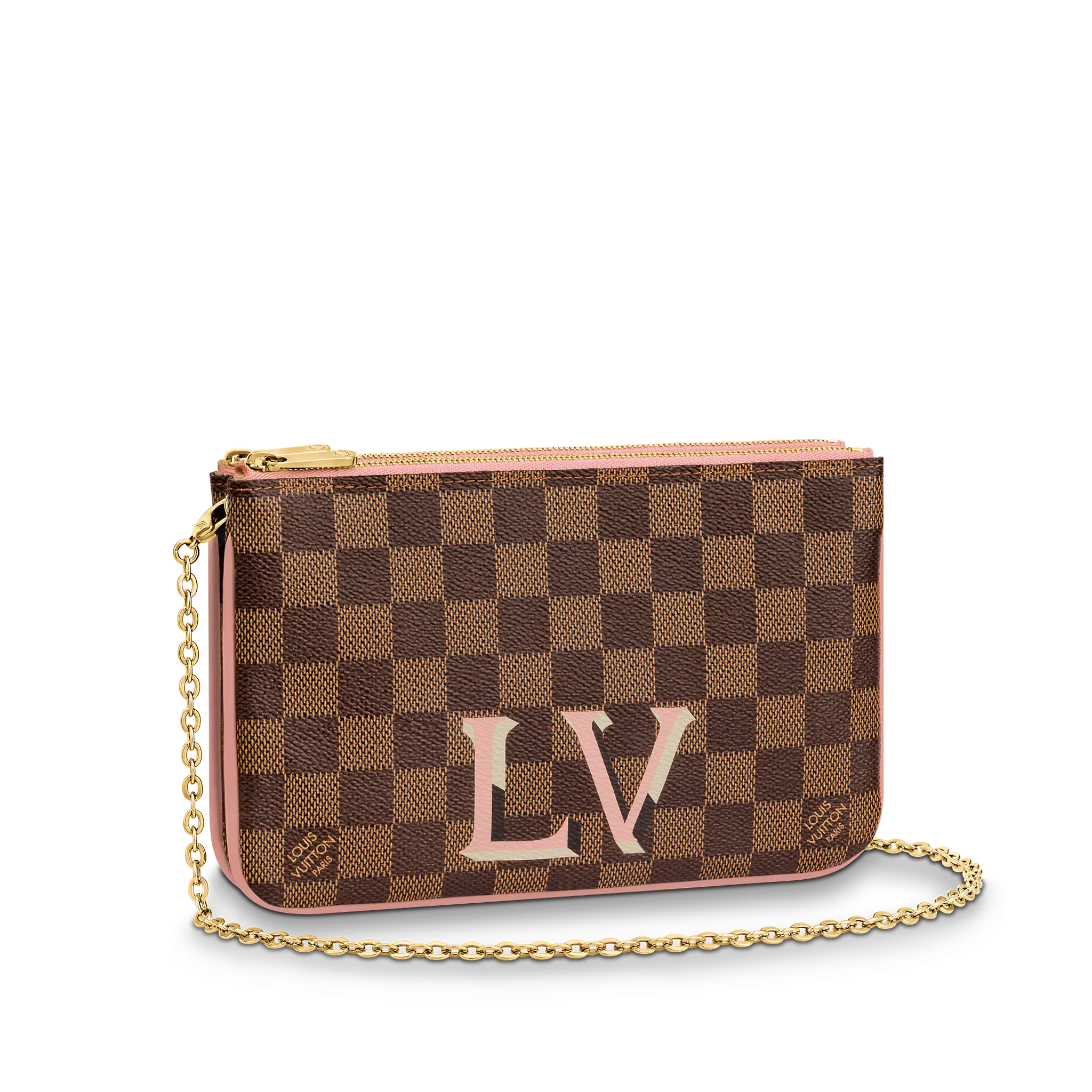 LOUIS VUITTON DOUBLE ZIP POCHETTE BAG DAMIER EBENE COATED CANVAS PINK N60254 LOUIS VUITTON DOUBLE ZIP POCHETTE BAG DAMIER EBENE COATED CANVAS PINK N60254