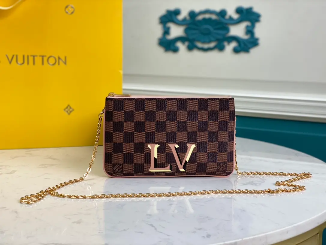 LOUIS VUITTON DOUBLE ZIP POCHETTE BAG DAMIER EBENE COATED CANVAS PINK N60254_1 LOUIS VUITTON DOUBLE ZIP POCHETTE BAG DAMIER EBENE COATED CANVAS PINK N60254 1