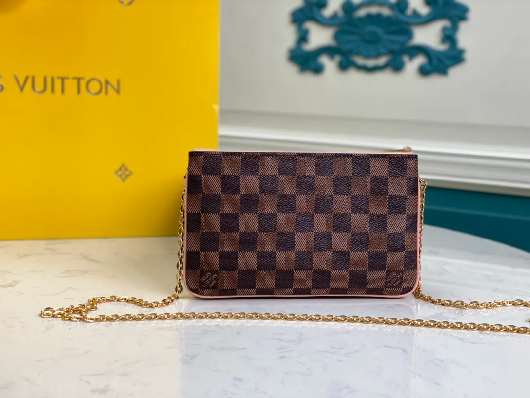 LOUIS VUITTON DOUBLE ZIP POCHETTE BAG DAMIER EBENE COATED CANVAS PINK N60254_2 LOUIS VUITTON DOUBLE ZIP POCHETTE BAG DAMIER EBENE COATED CANVAS PINK N60254 2